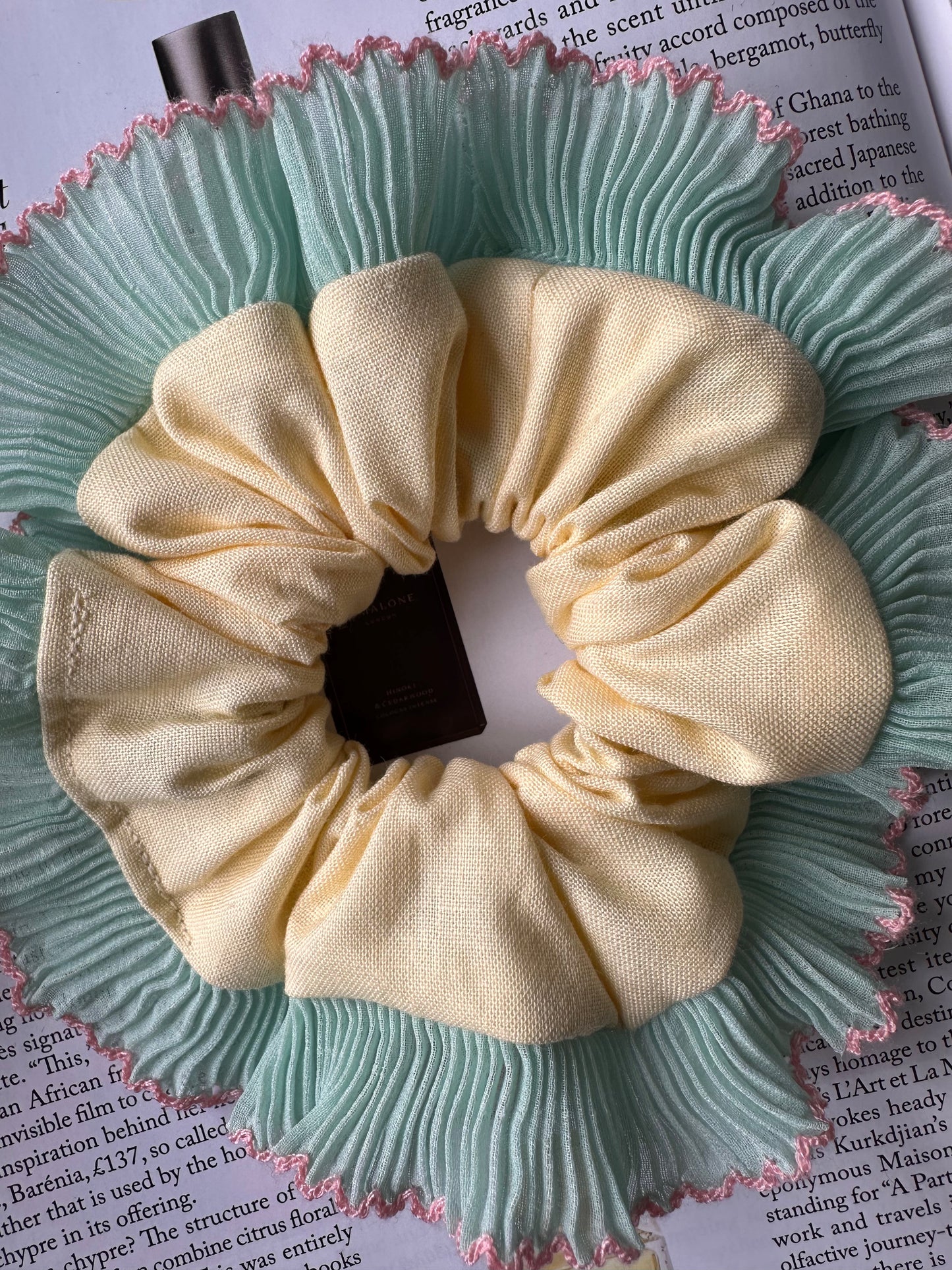 Mini Oversized Butter Yellow Scrunchie with Green Frill Trim