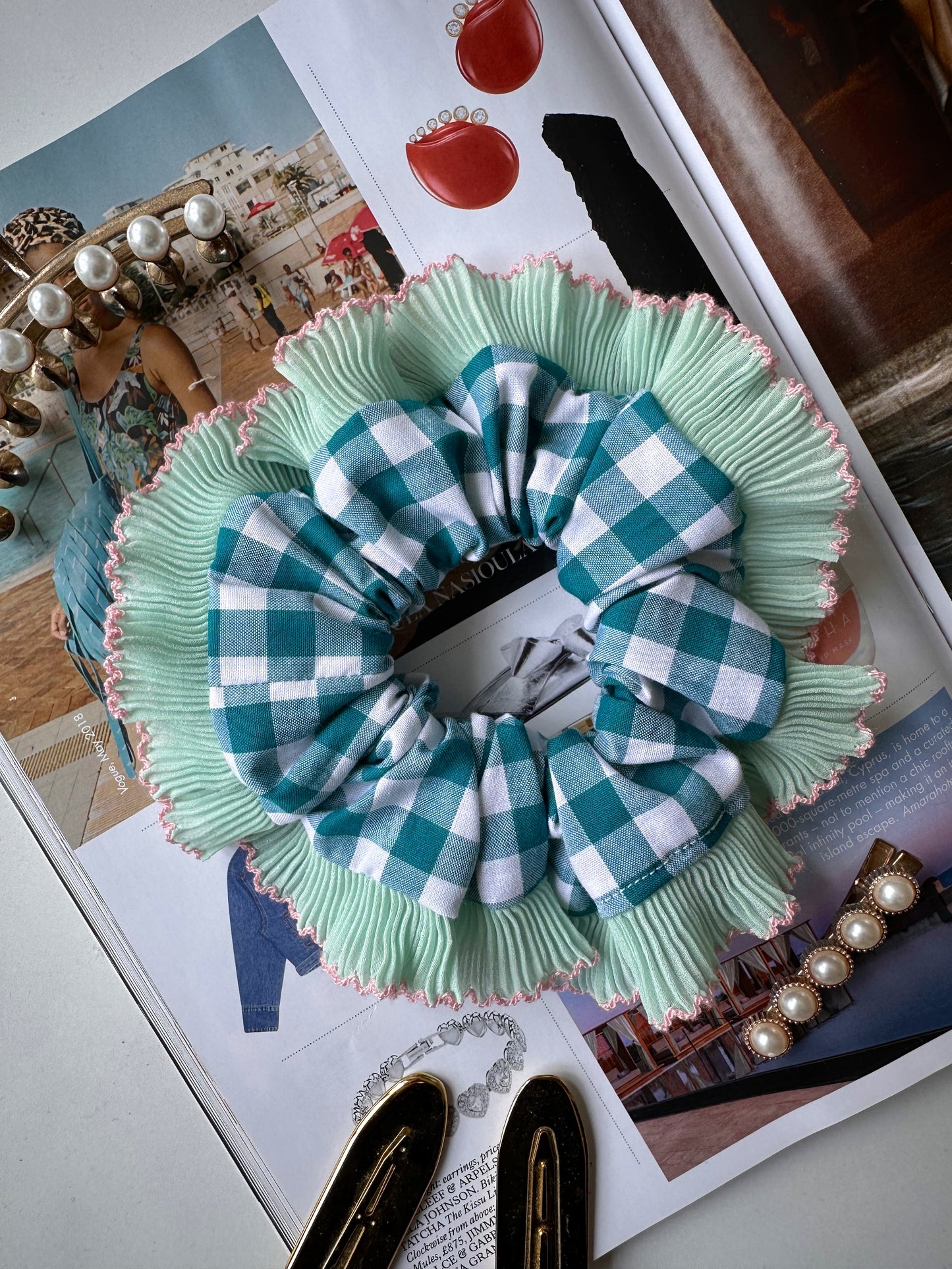 Teal Blue Gingham with Green and Pink Frill Trim