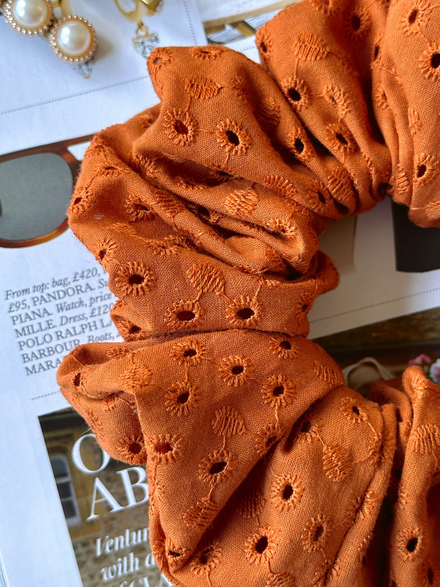 Handmade Rust Brown Embroidered Scrunchie