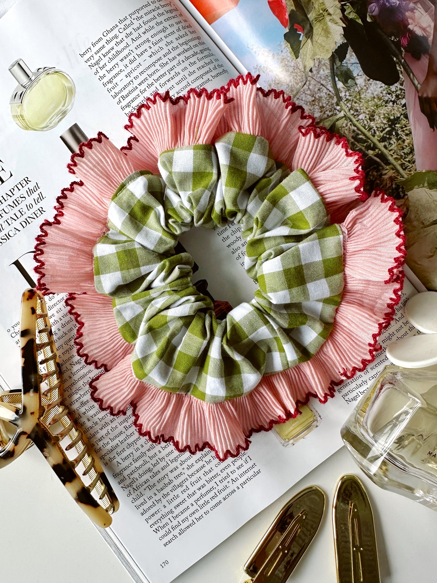 Handmade XL Olive Green Gingham Scrunchie with Pink Frill Trim