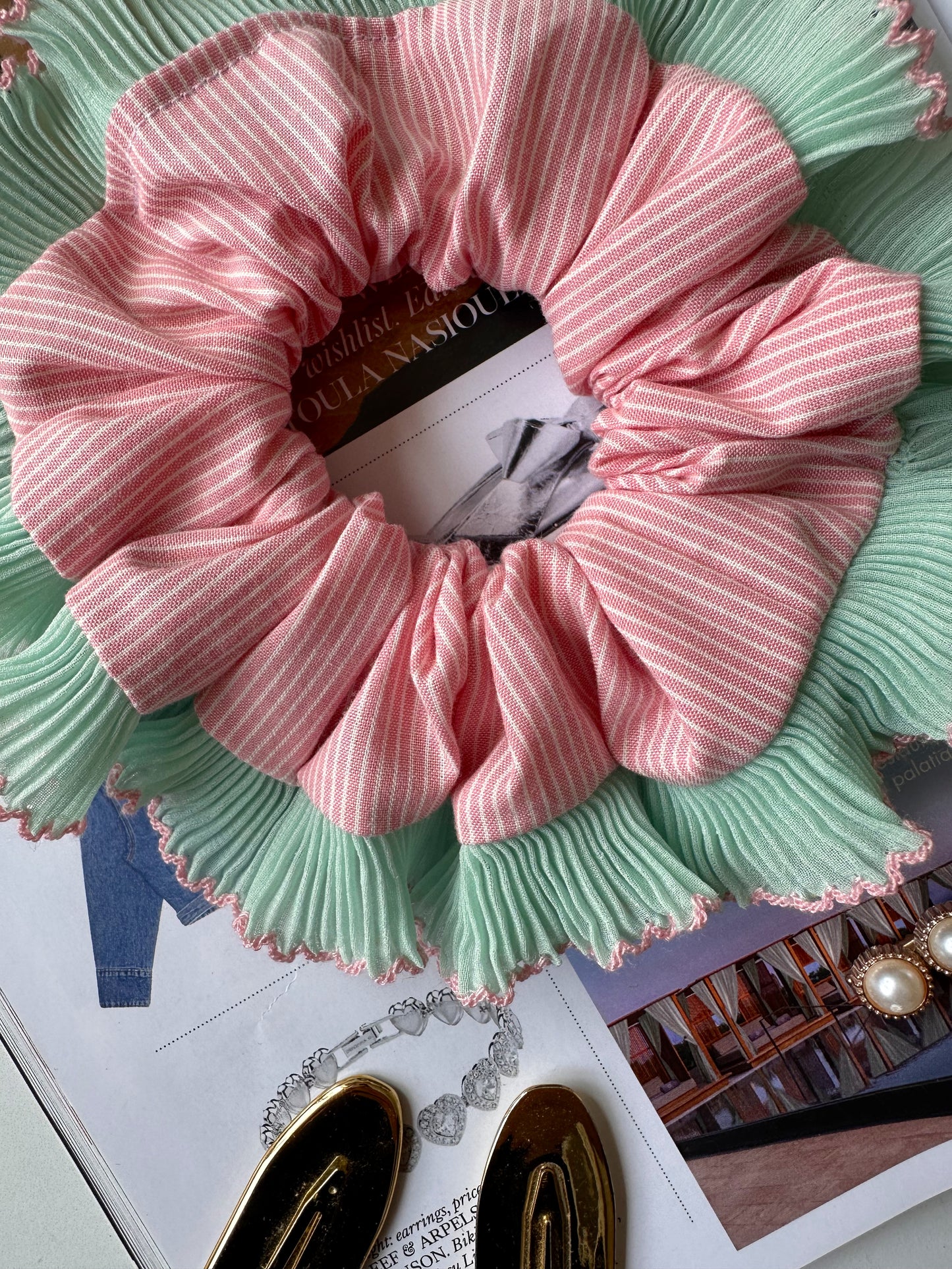 Pink Striped Scrunchie with Green and Pink Frill Trim