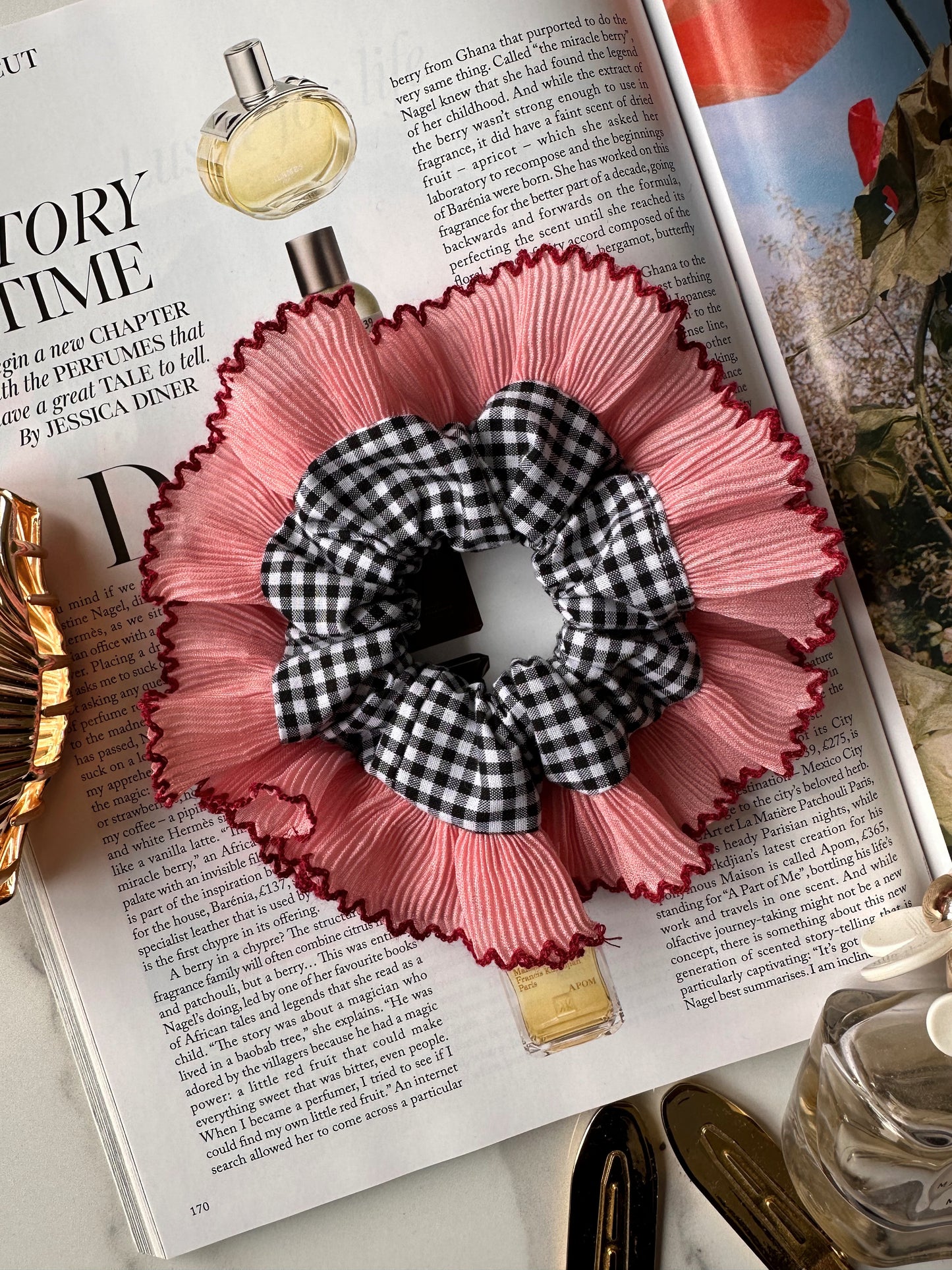 Mini Oversized Black Gingham Scrunchie with Pink Frill Trim