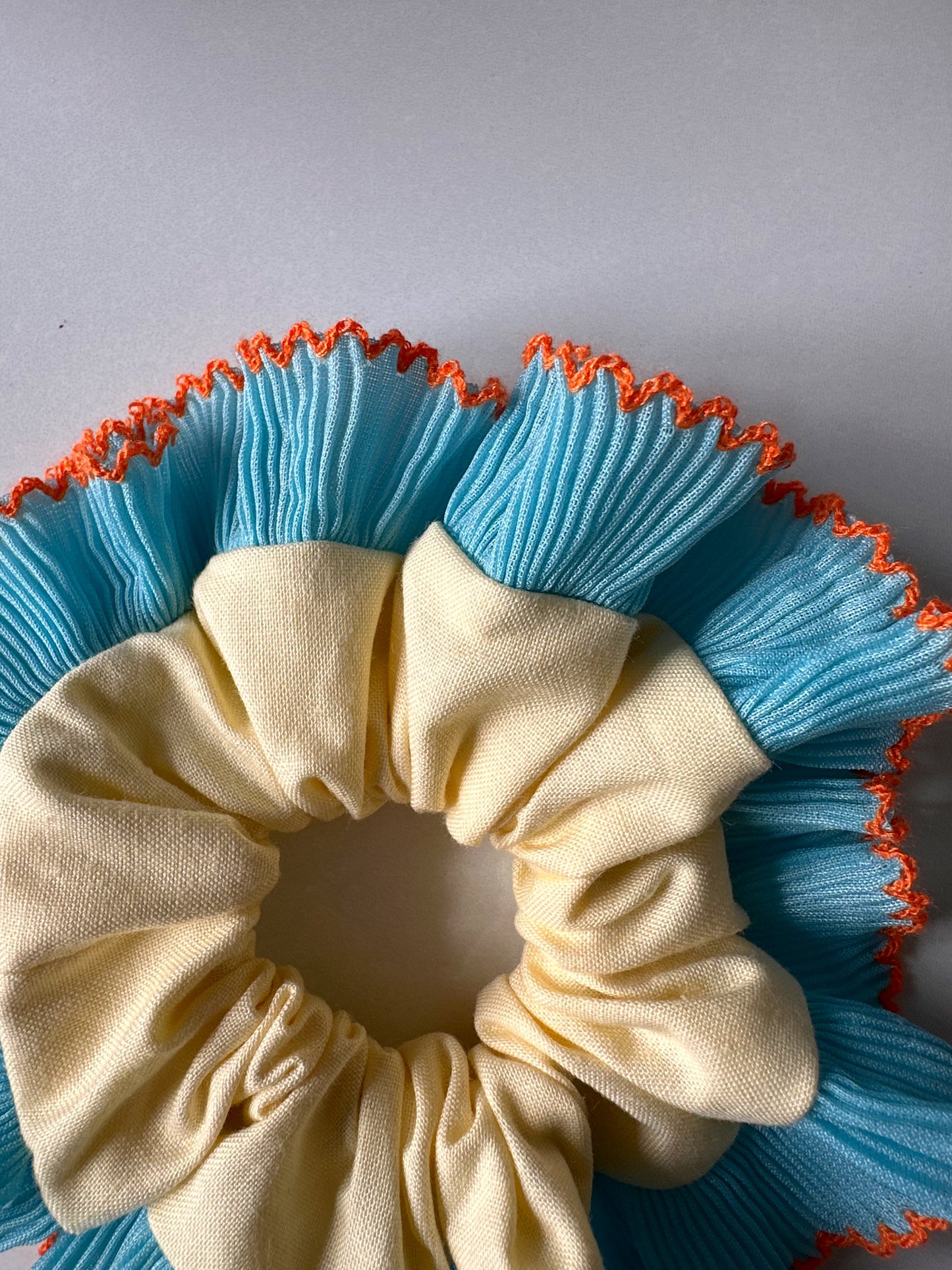 Mini Oversized Butter Yellow Scrunchie with Blue Frill Trim