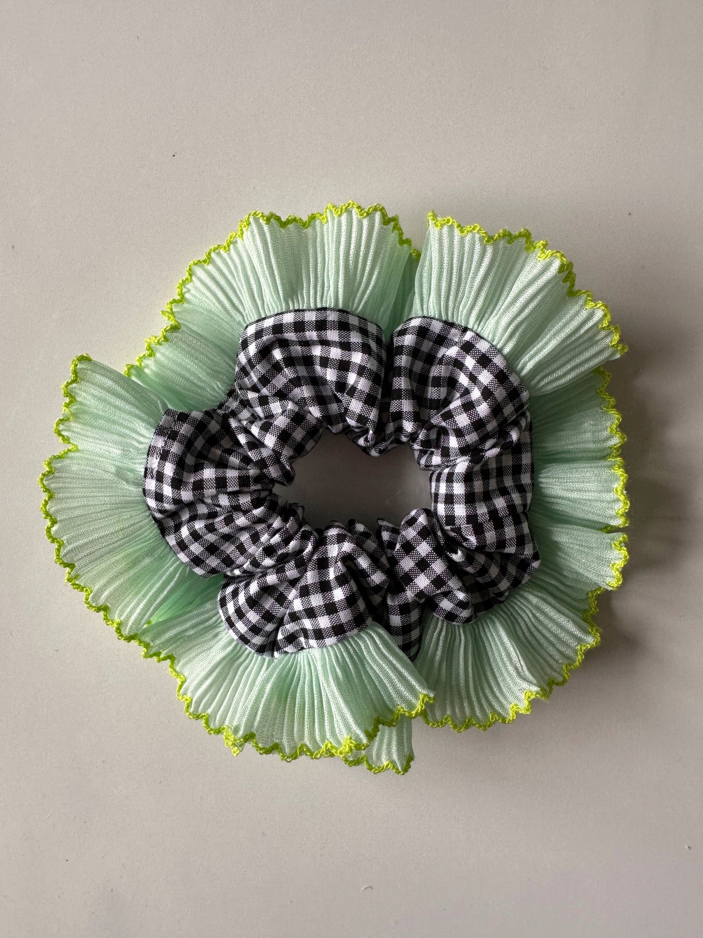 Mini Oversized Black Gingham Scrunchie with Green Frill Trim