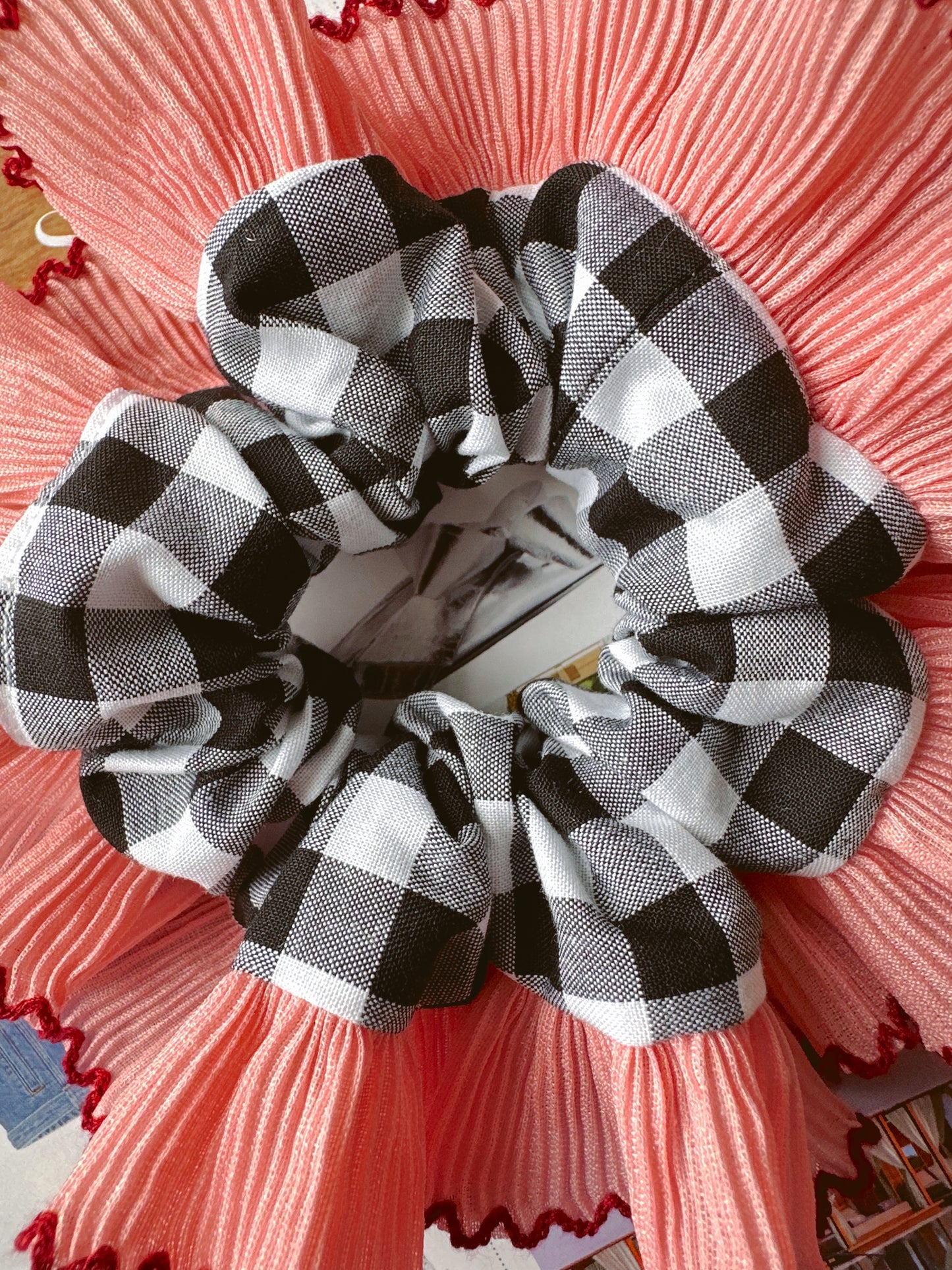 Mini Oversized Black Gingham Scrunchie with Pink Frill Trim