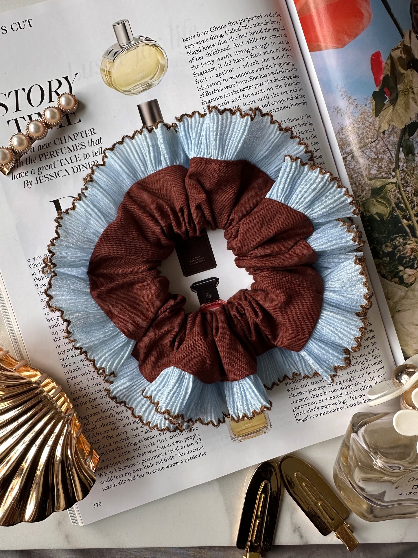 XL Chocolate Brown Scrunchie with Baby Blue Frill Trim