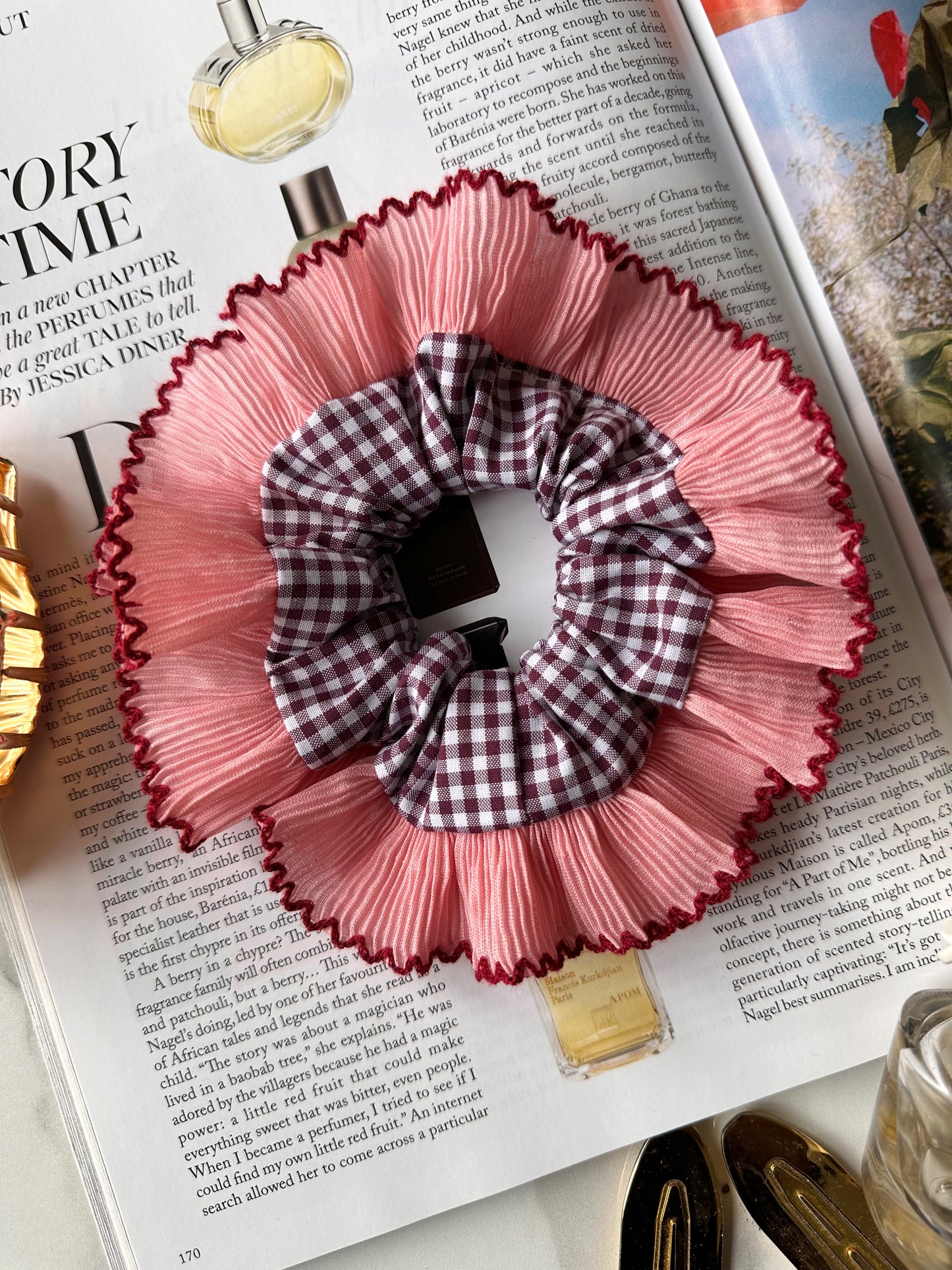 Mini Mulberry Gingham Scrunchie with Pink Frill Trim