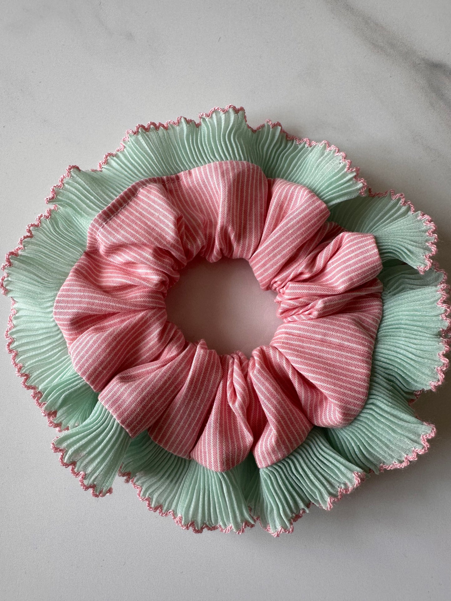 Pink Striped Scrunchie with Green and Pink Frill Trim