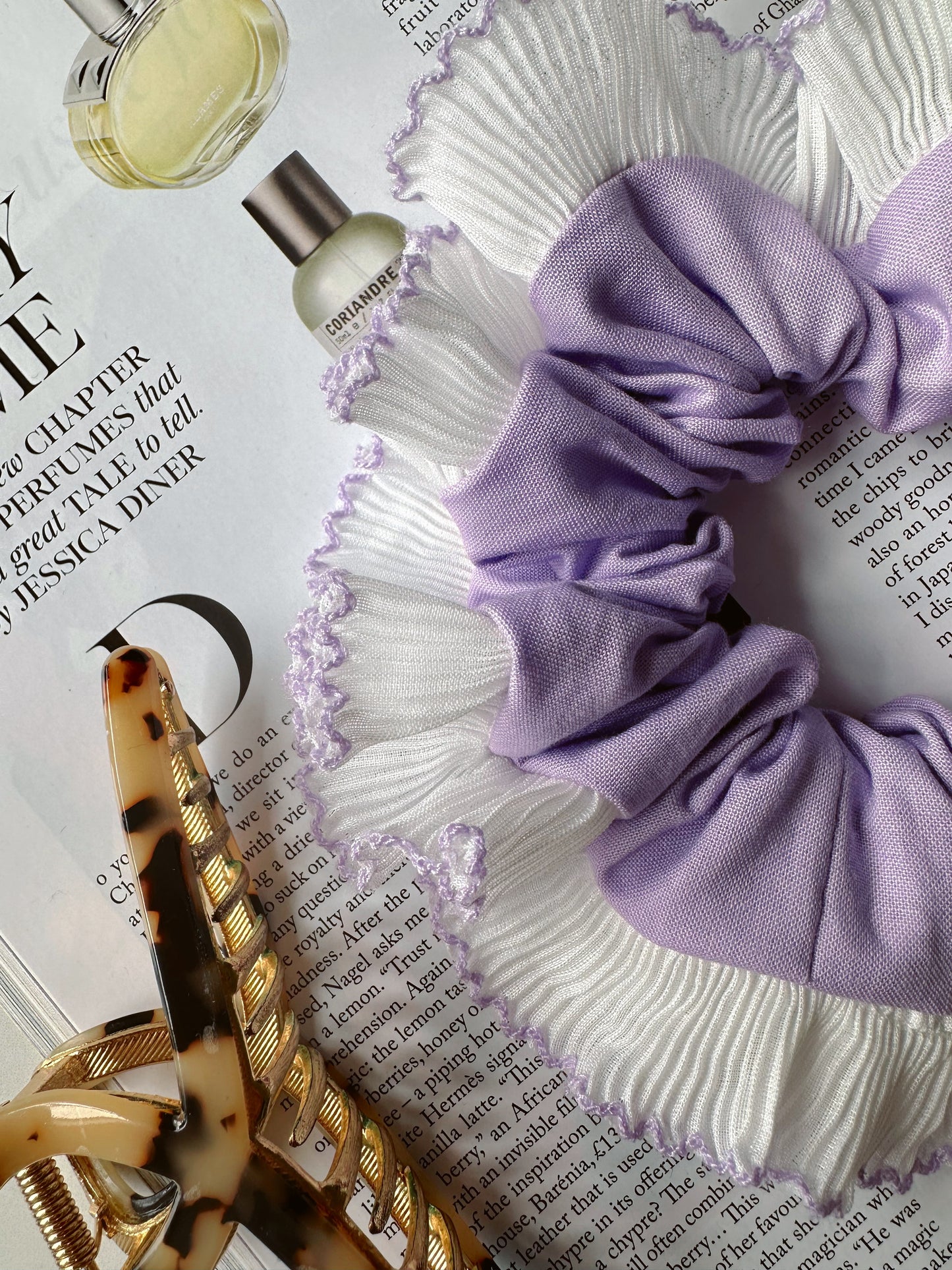 Handmade XL Lavender Purple Scrunchie with White and Purple Frill Trim