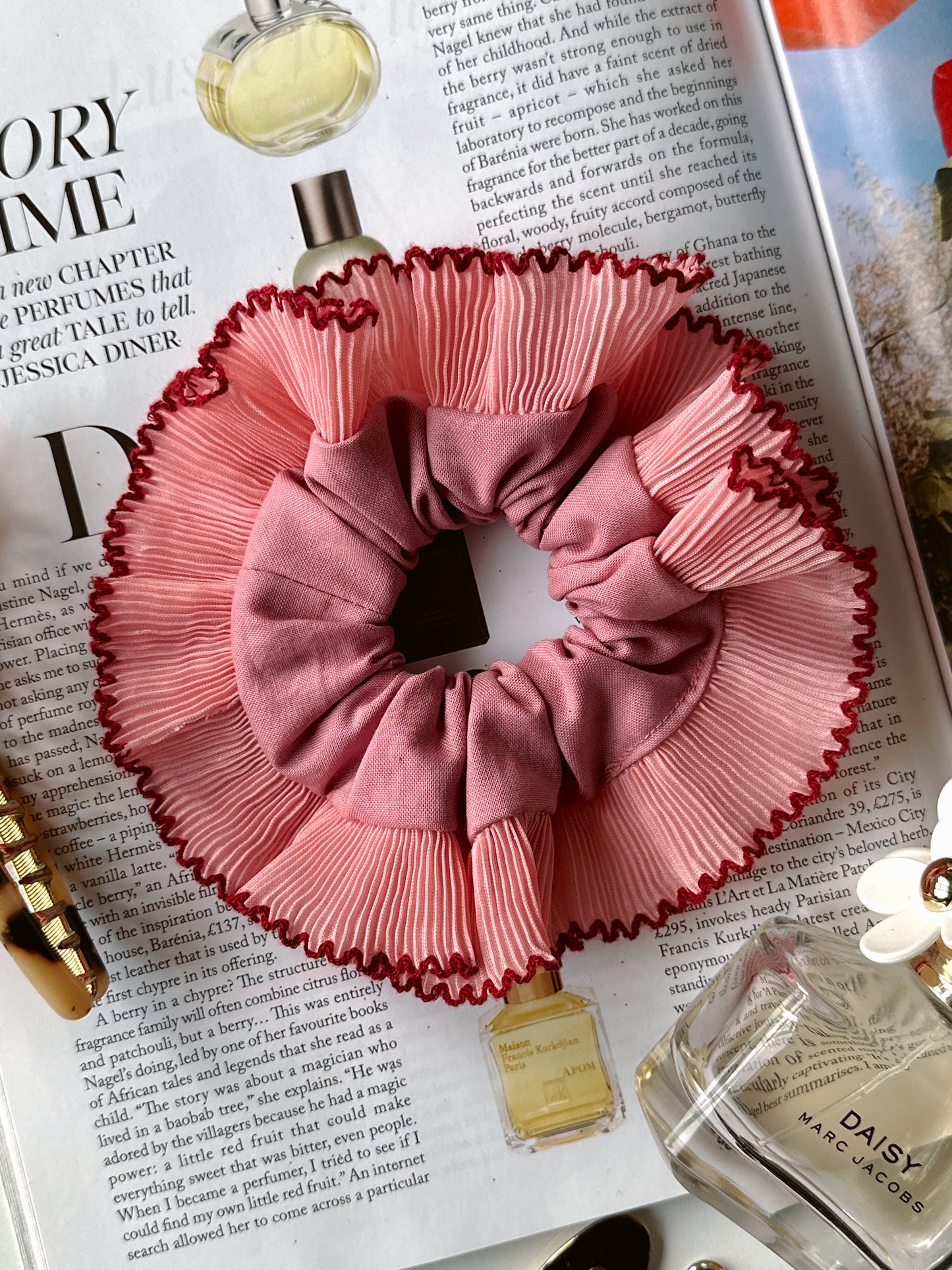 Smaller Oversized Dusk Pink Scrunchie with Pink and Red Frill Trim