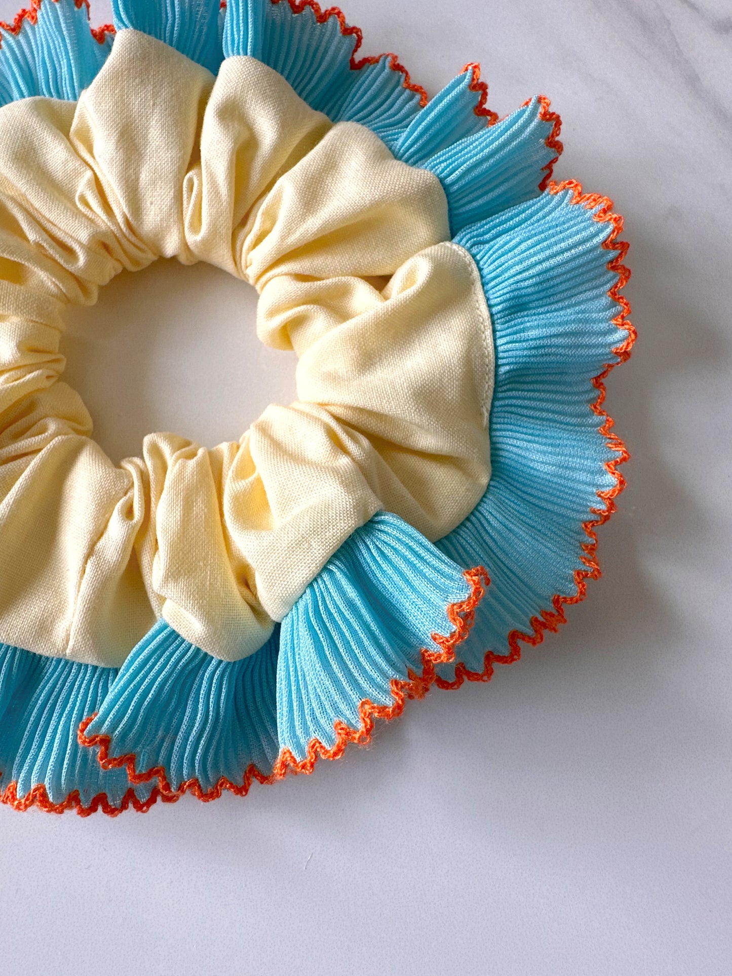 Oversized Butter Yellow Scrunchie with Blue Frill Trim