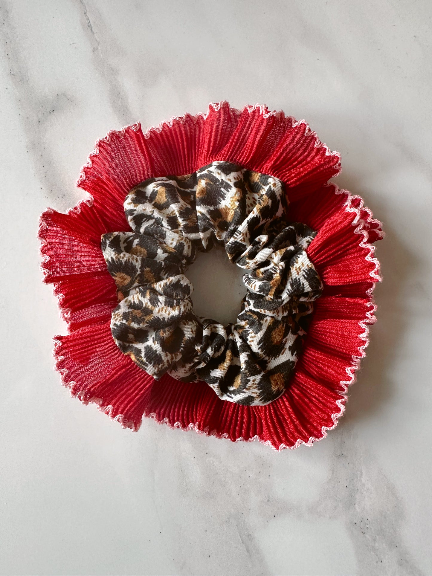 Mini Oversized Leopard Print Scrunchie with a Red Frill Trim
