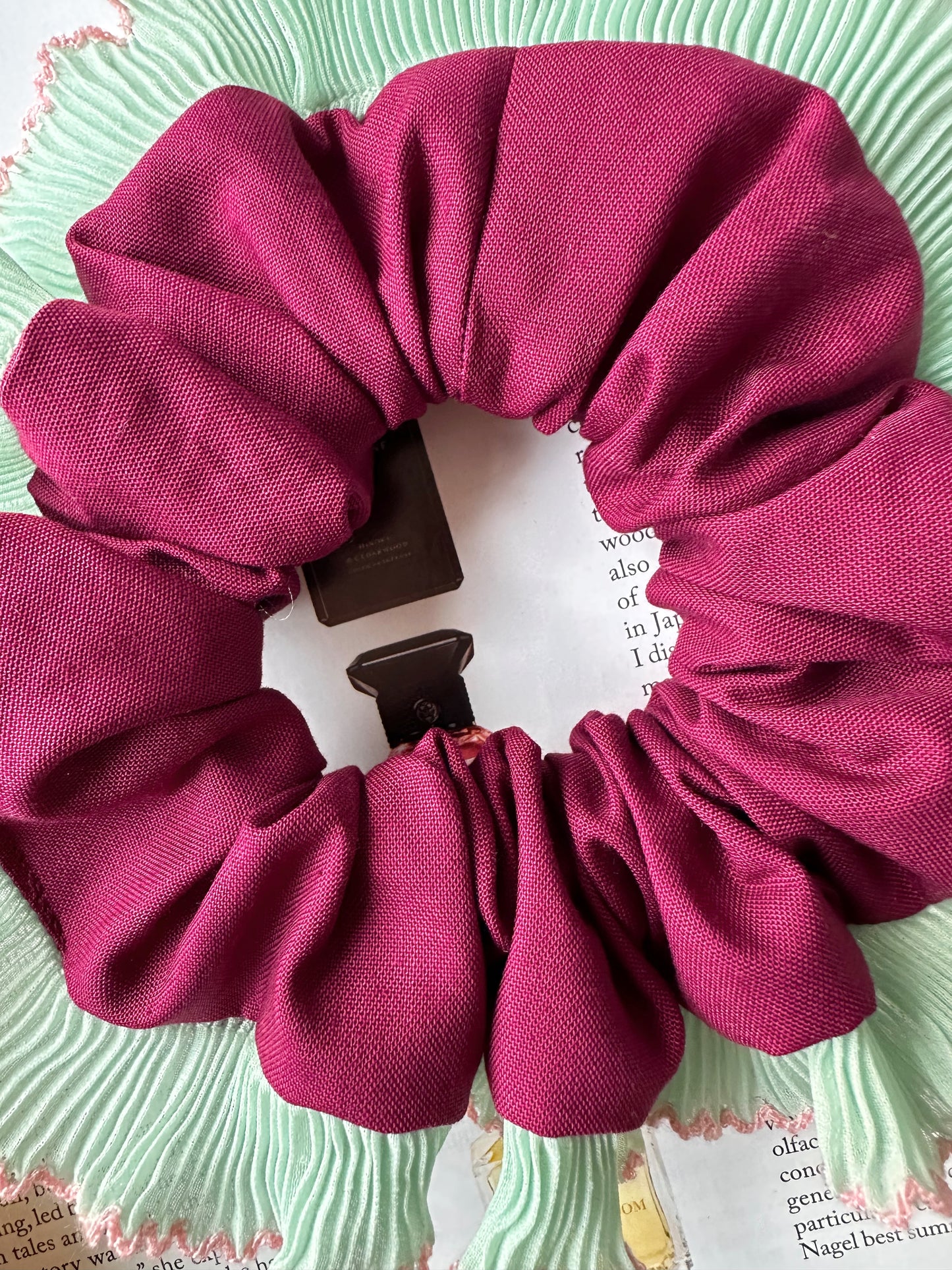Purple Scrunchie with Green and Pink Frill Trim