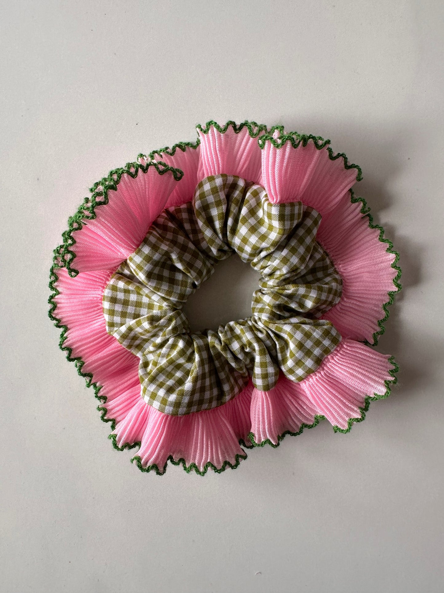 Mini Oversized Olive Green Gingham Scrunchie with Light Pink Frill Trim