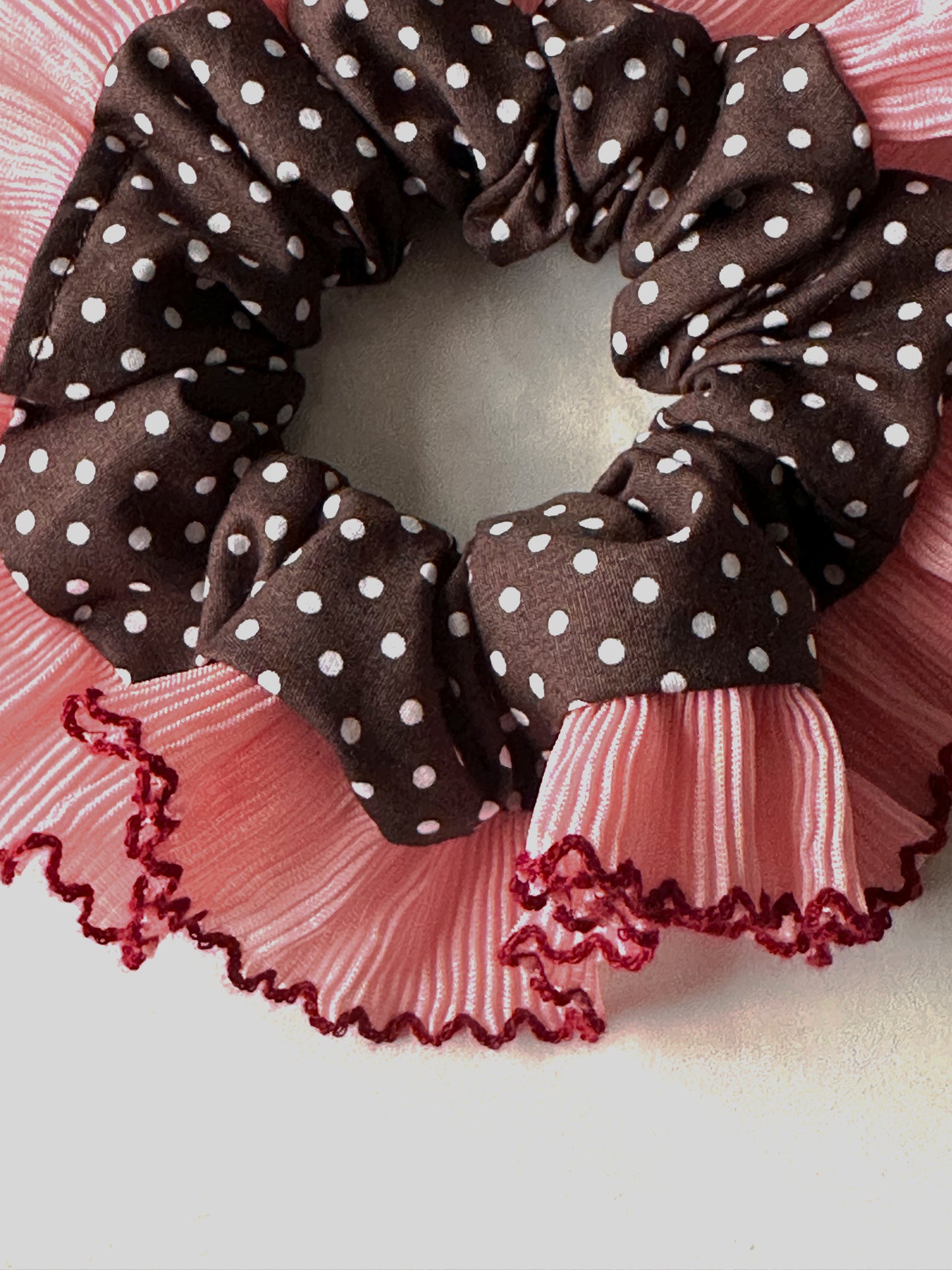 Oversized Dark Brown Polkadot Scrunchie with Pink Frill Trim