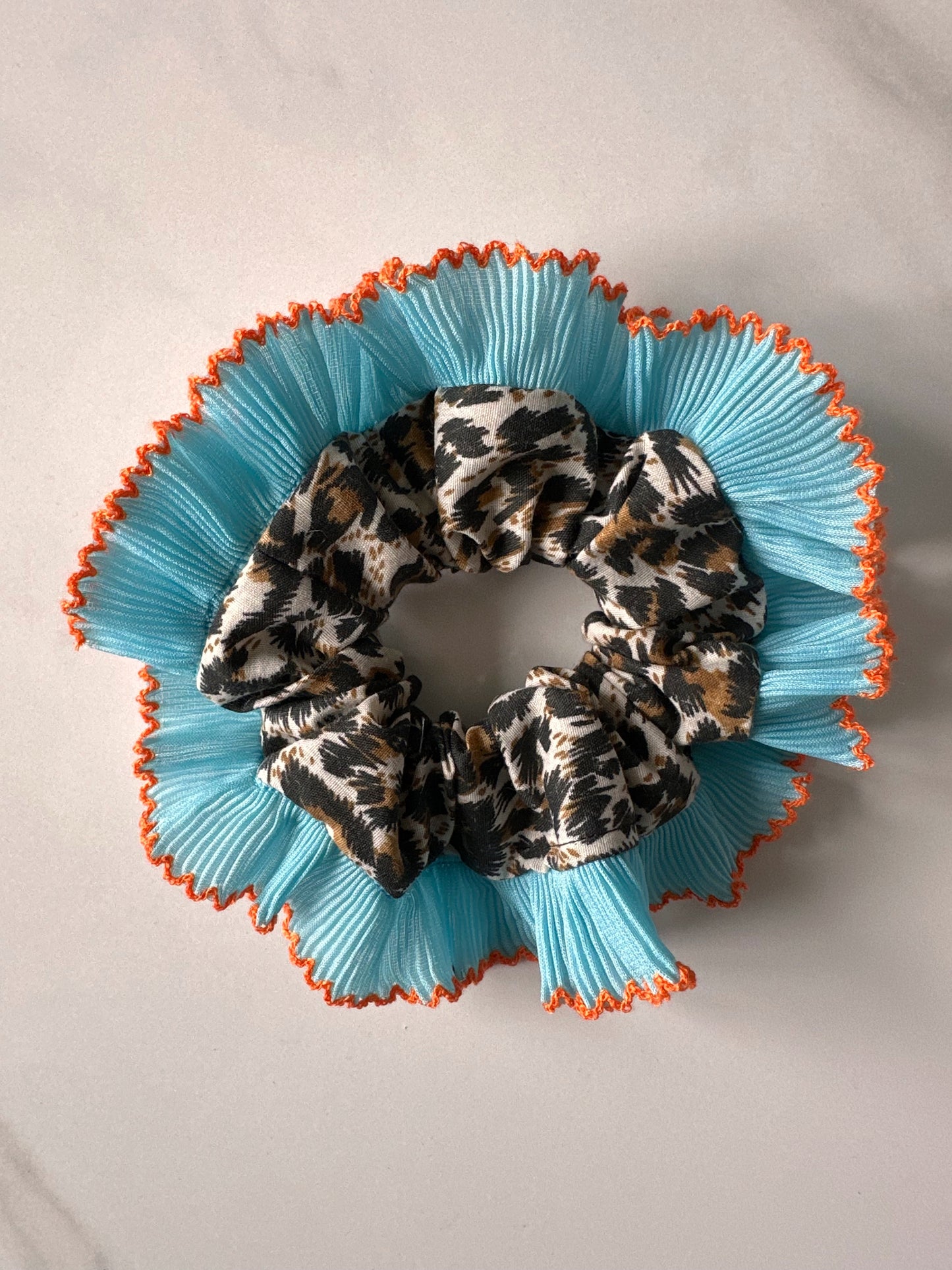 Mini Oversized Leopard Print Scrunchie with a Blue Frill Trim