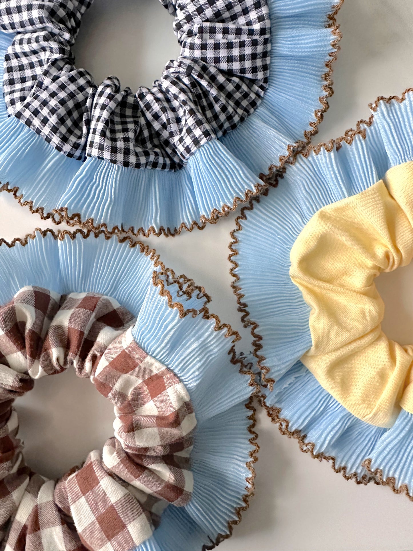 Handmade XL Butter Yellow Scrunchie with Blue and Brown Frill Trim
