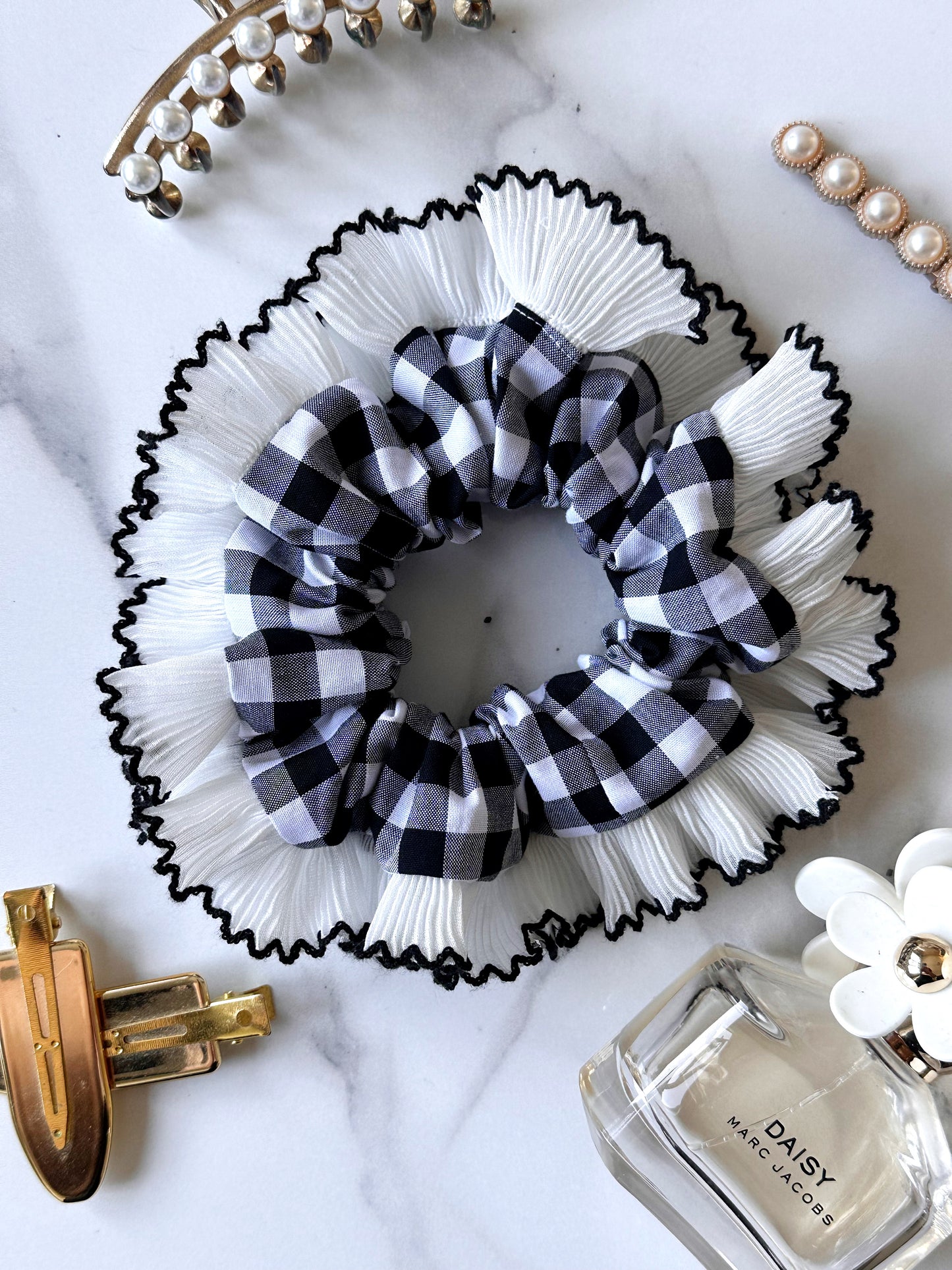 Black Gingham Scrunchie with White and Black Frill Trim
