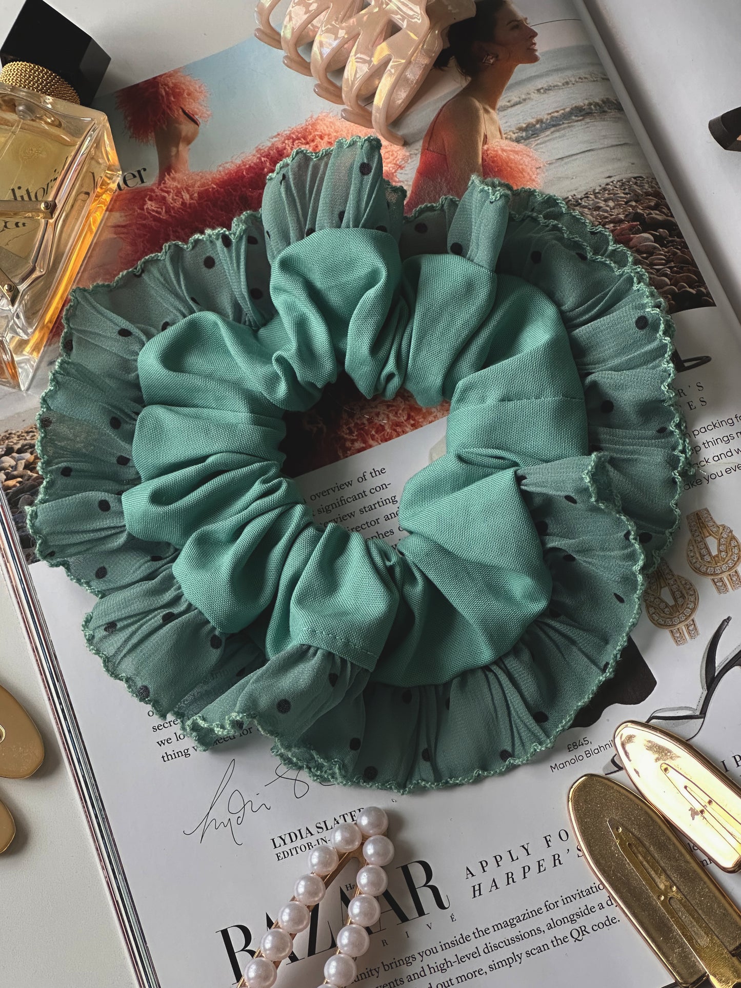 Oversized Teal Scrunchie with Teal Polkadot Trim