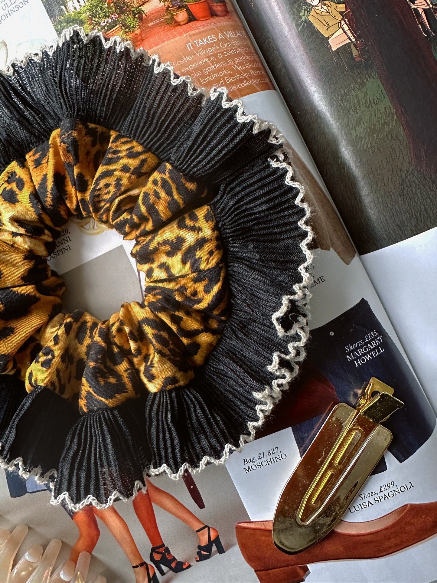 Mini Oversized Leopard Print Scrunchie with a Black Frill Trim