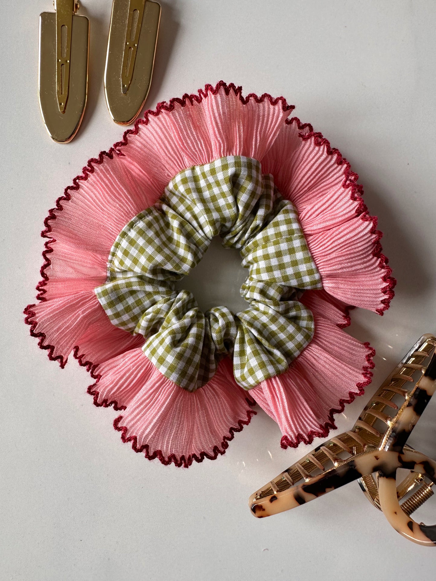 Mini Oversized Olive Green Gingham Scrunchie with Pink Frill Trim