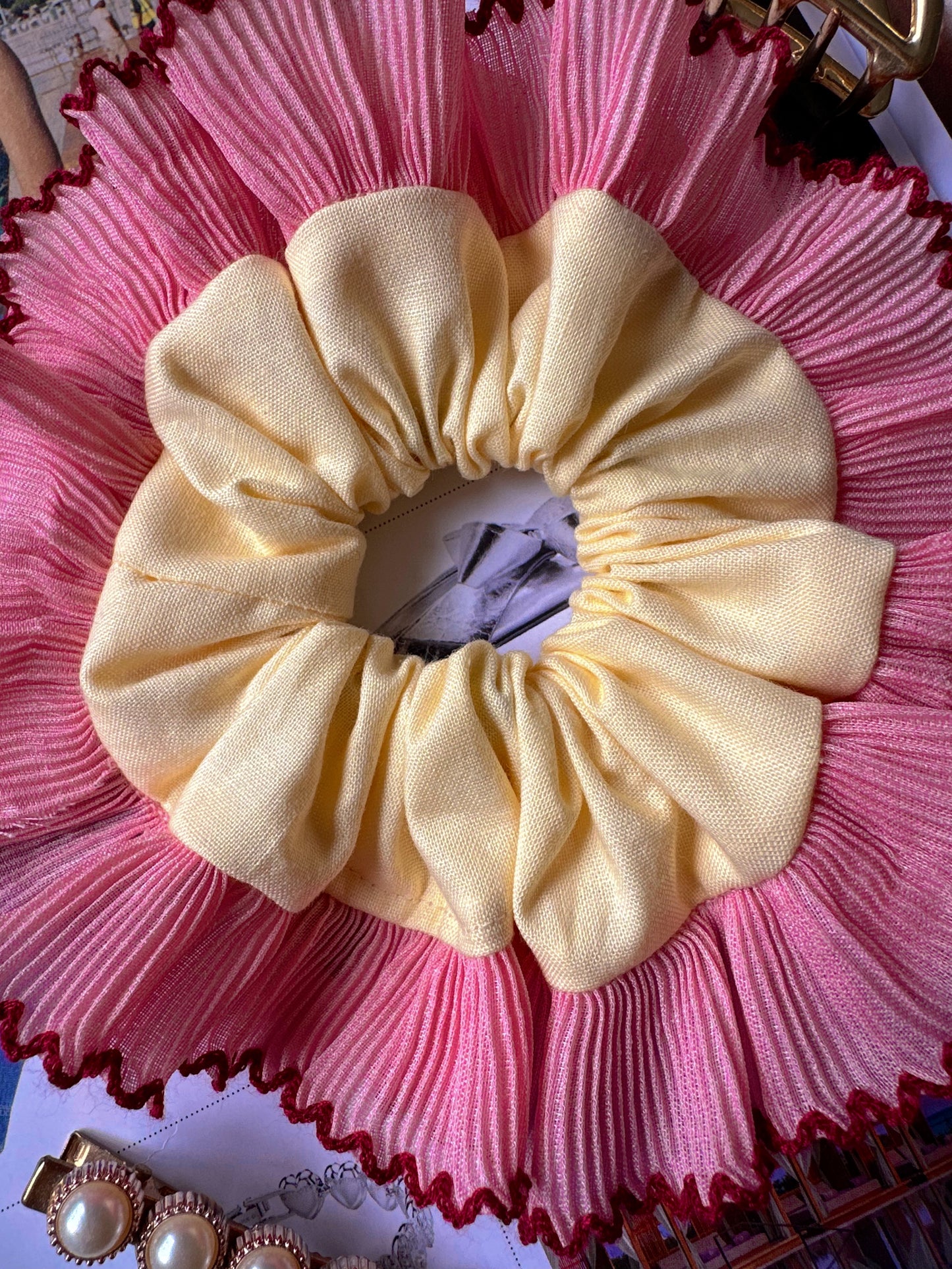 Mini Oversized Butter Yellow Scrunchie with Pink Frill Trim