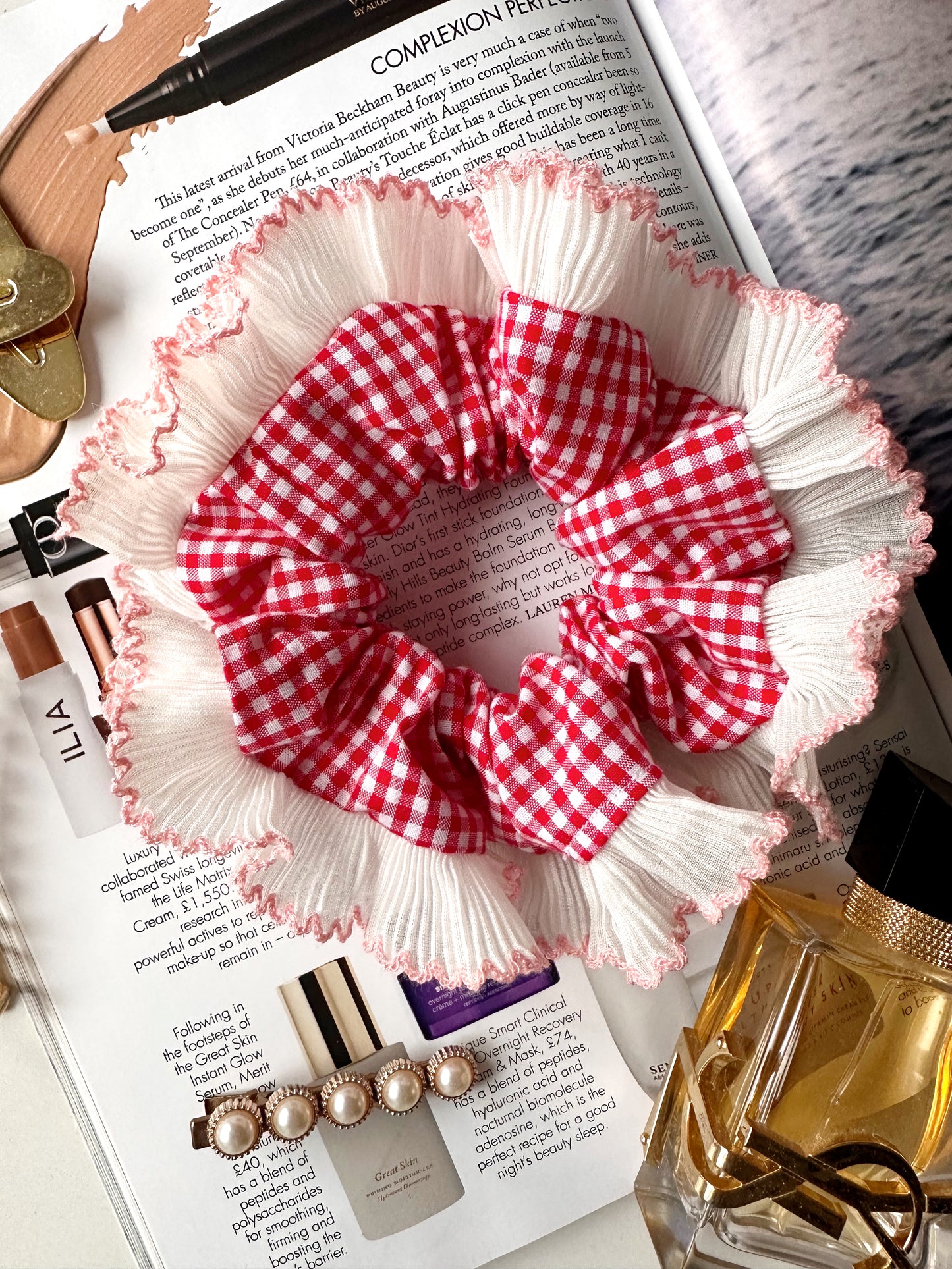 Handmade XL Red Gingham Scrunchie with White and Pink Frill Trim