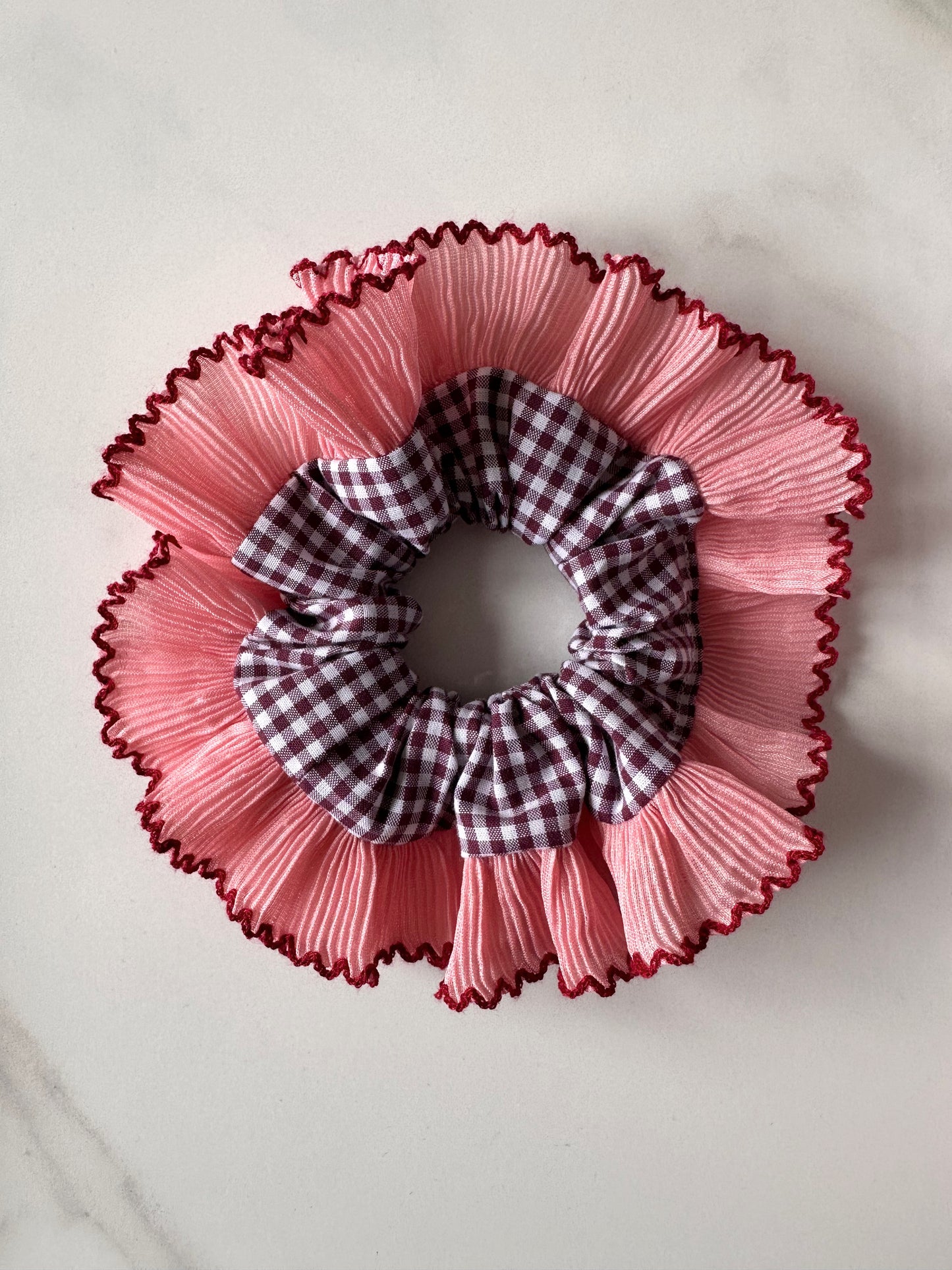 Mini Mulberry Gingham Scrunchie with Pink Frill Trim