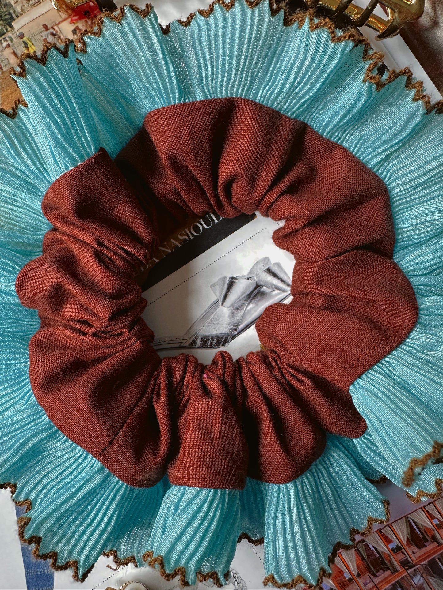 Mini Oversized Brown Scrunchie with Blue Frill Trim
