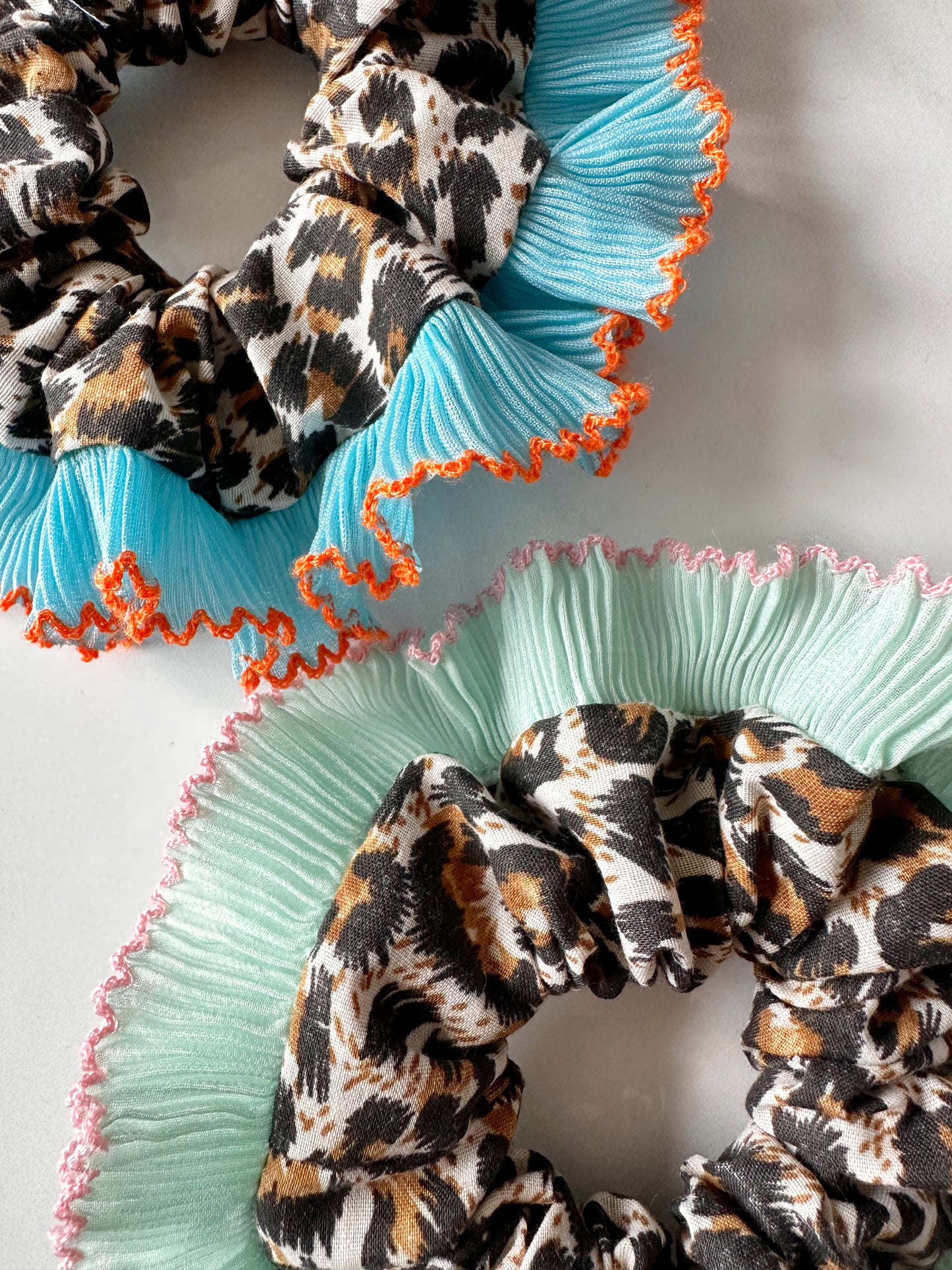 Mini Oversized Leopard Print Scrunchie with a Blue Frill Trim