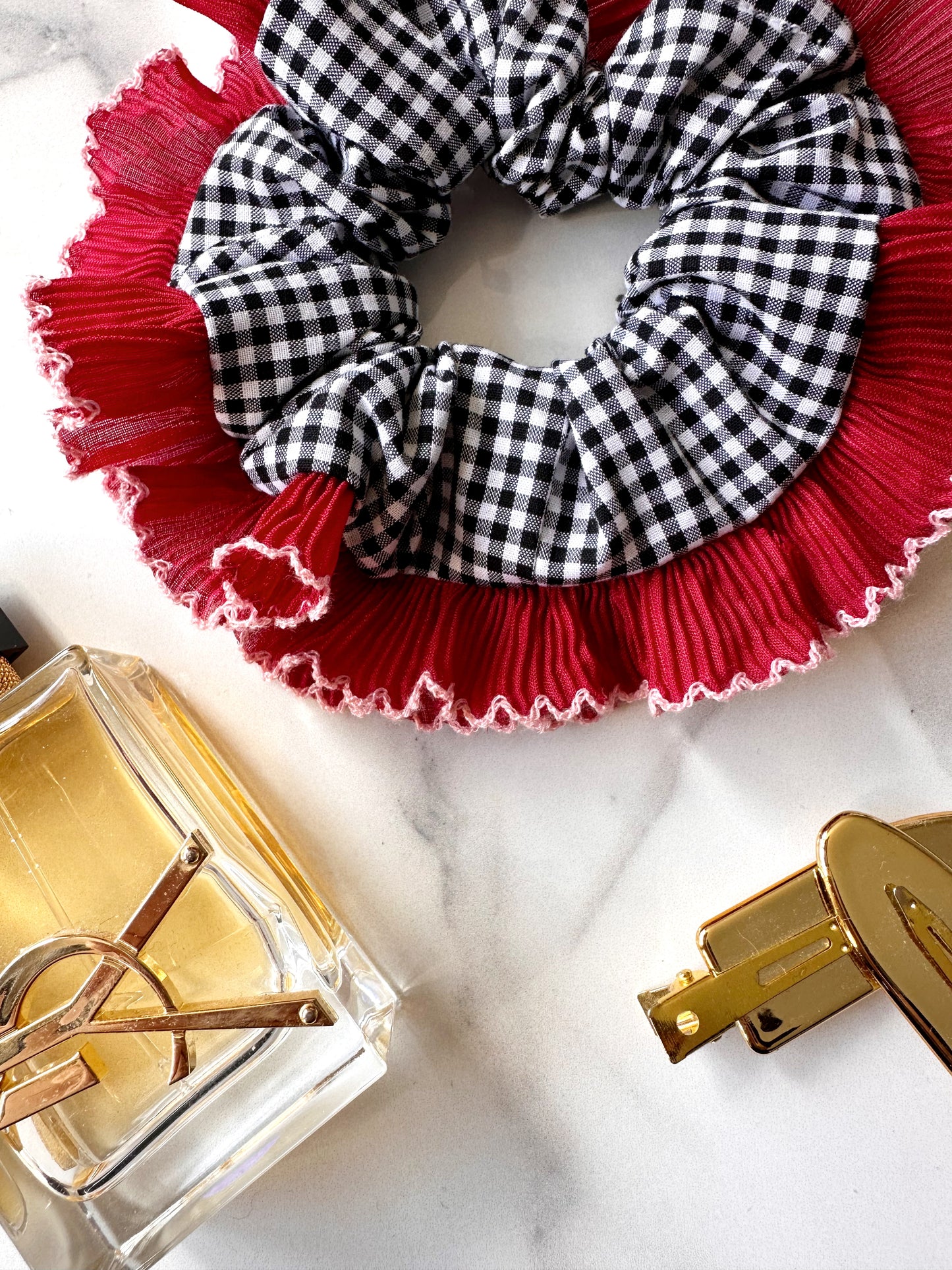 Handmade XL Black Gingham Scrunchie with Red and Pink Frill Trim