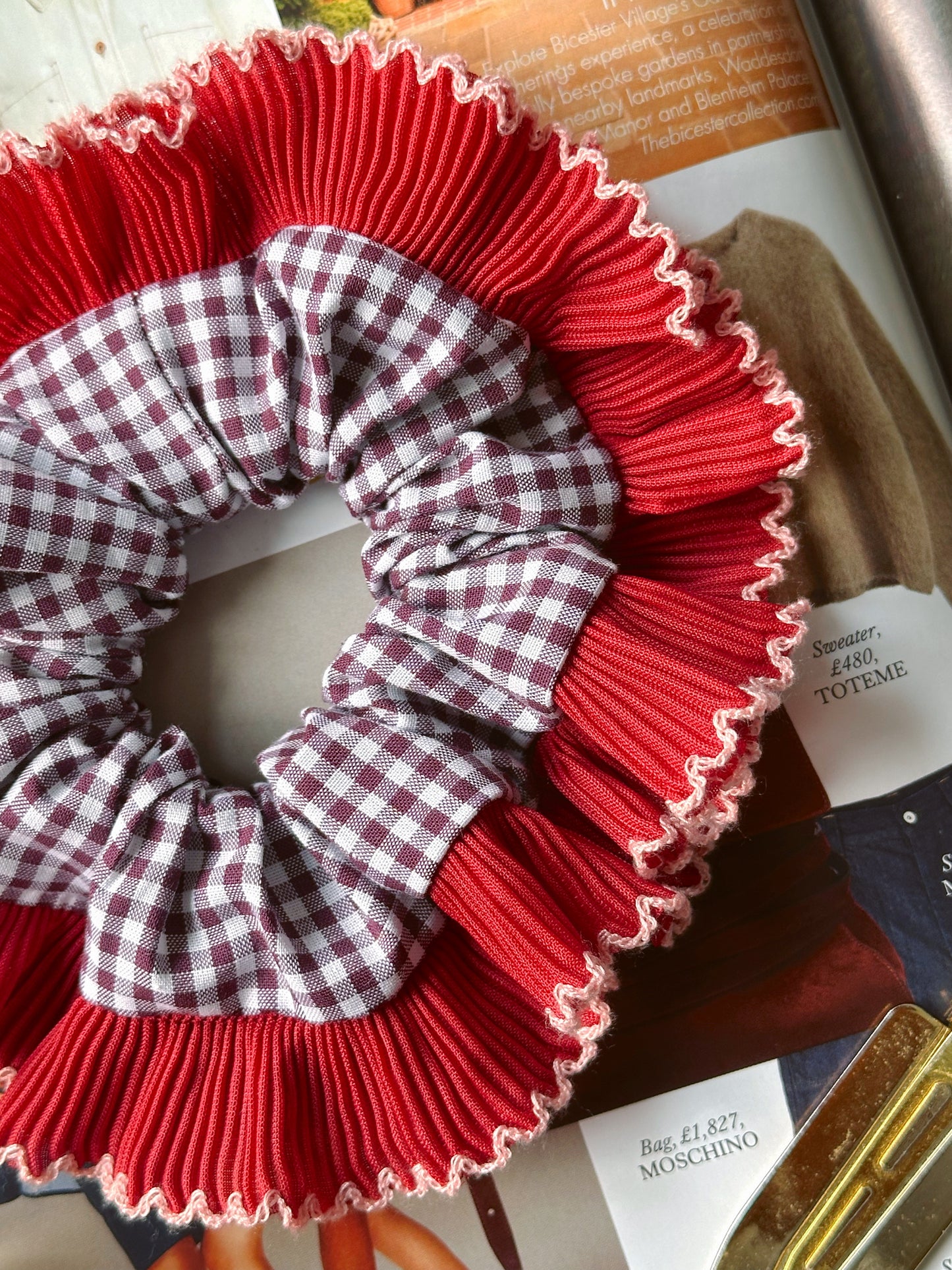 Mini Mulberry Gingham Scrunchie with Red Frill Trim