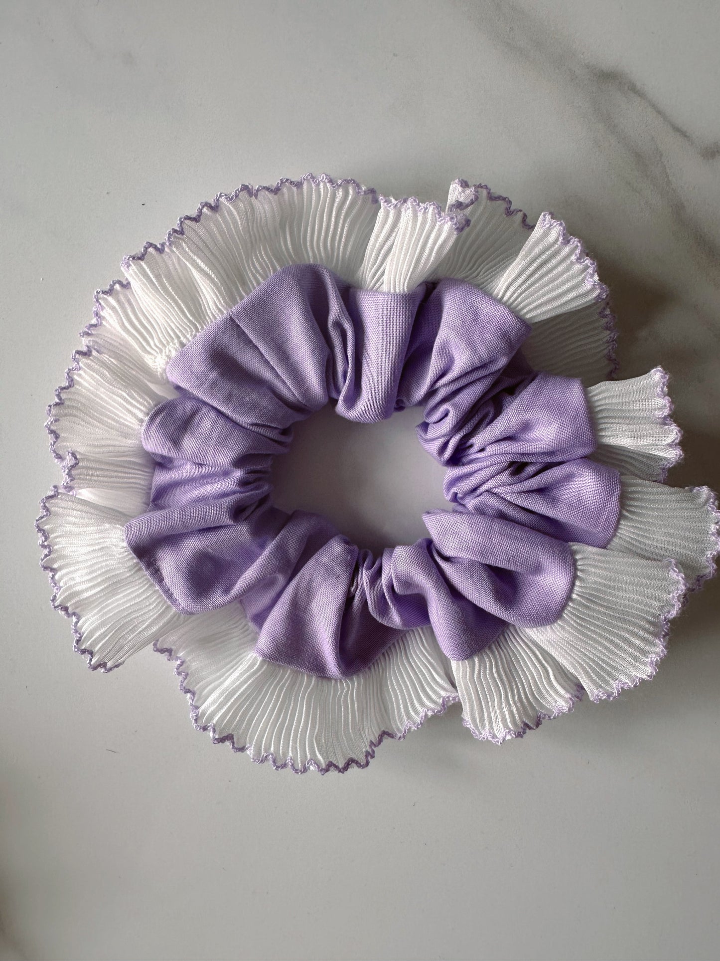 Handmade XL Lavender Purple Scrunchie with White and Purple Frill Trim