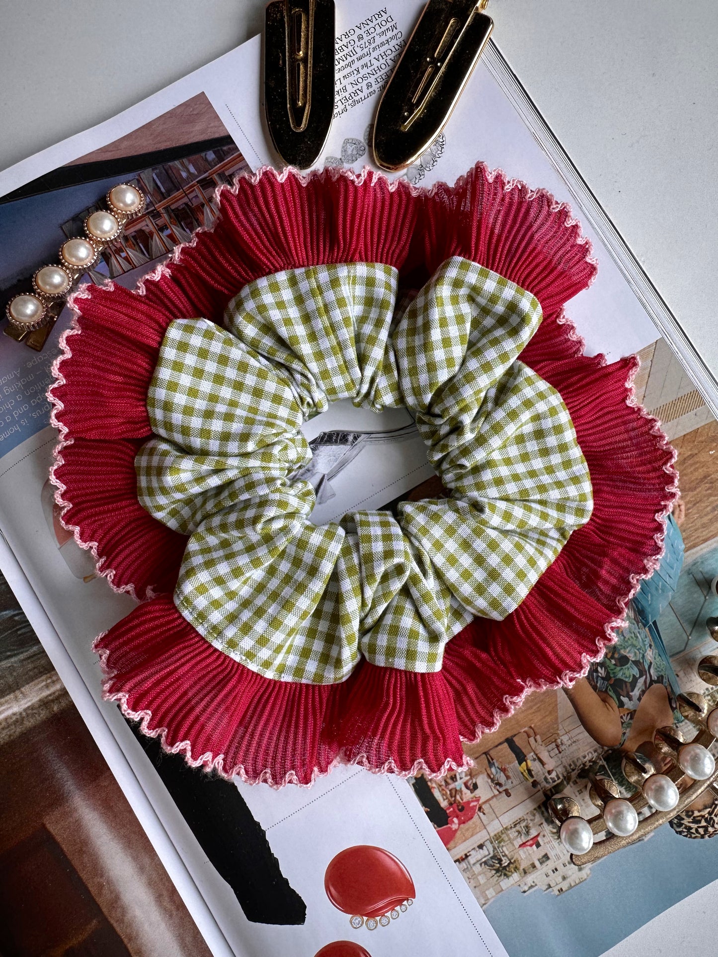 Olive Green Gingham Scrunchie with Red and White Frill Trim