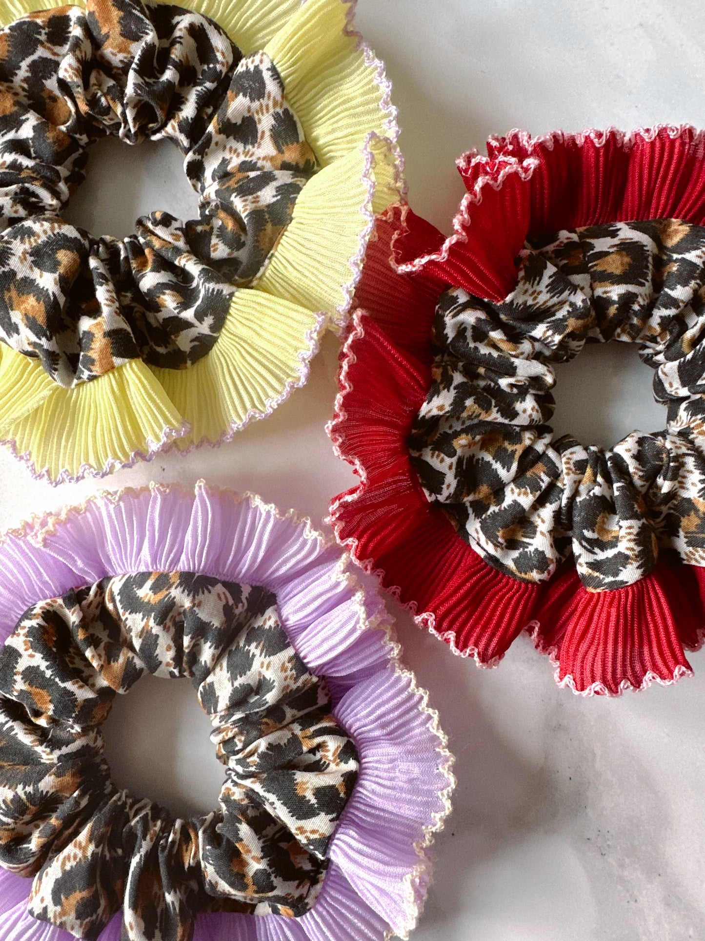 Mini Oversized Leopard Print Scrunchie with a Red Frill Trim