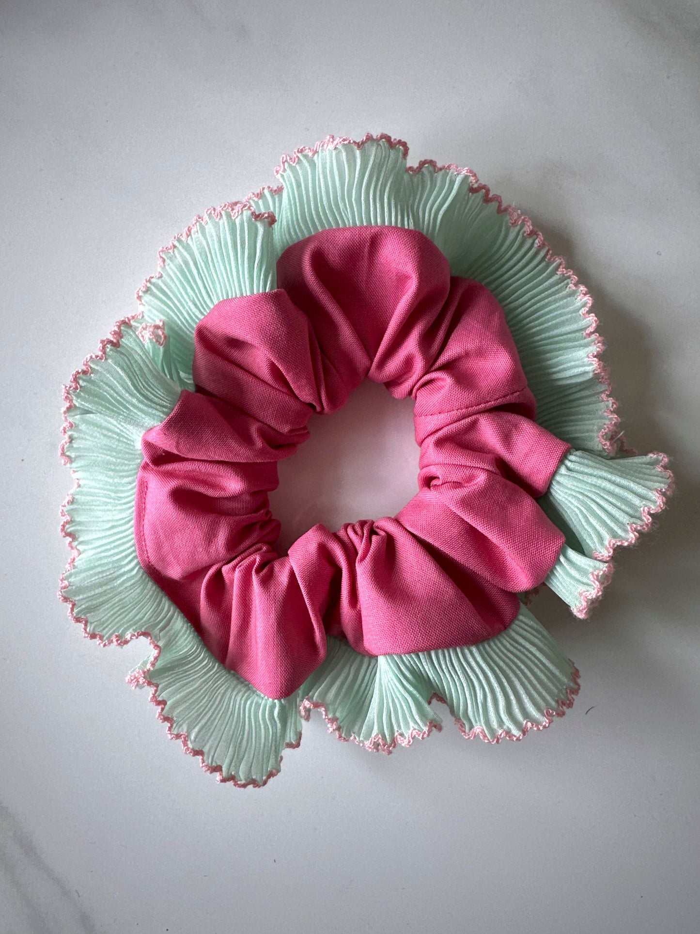 Pink Scrunchie with Green and Pink Frill Trim