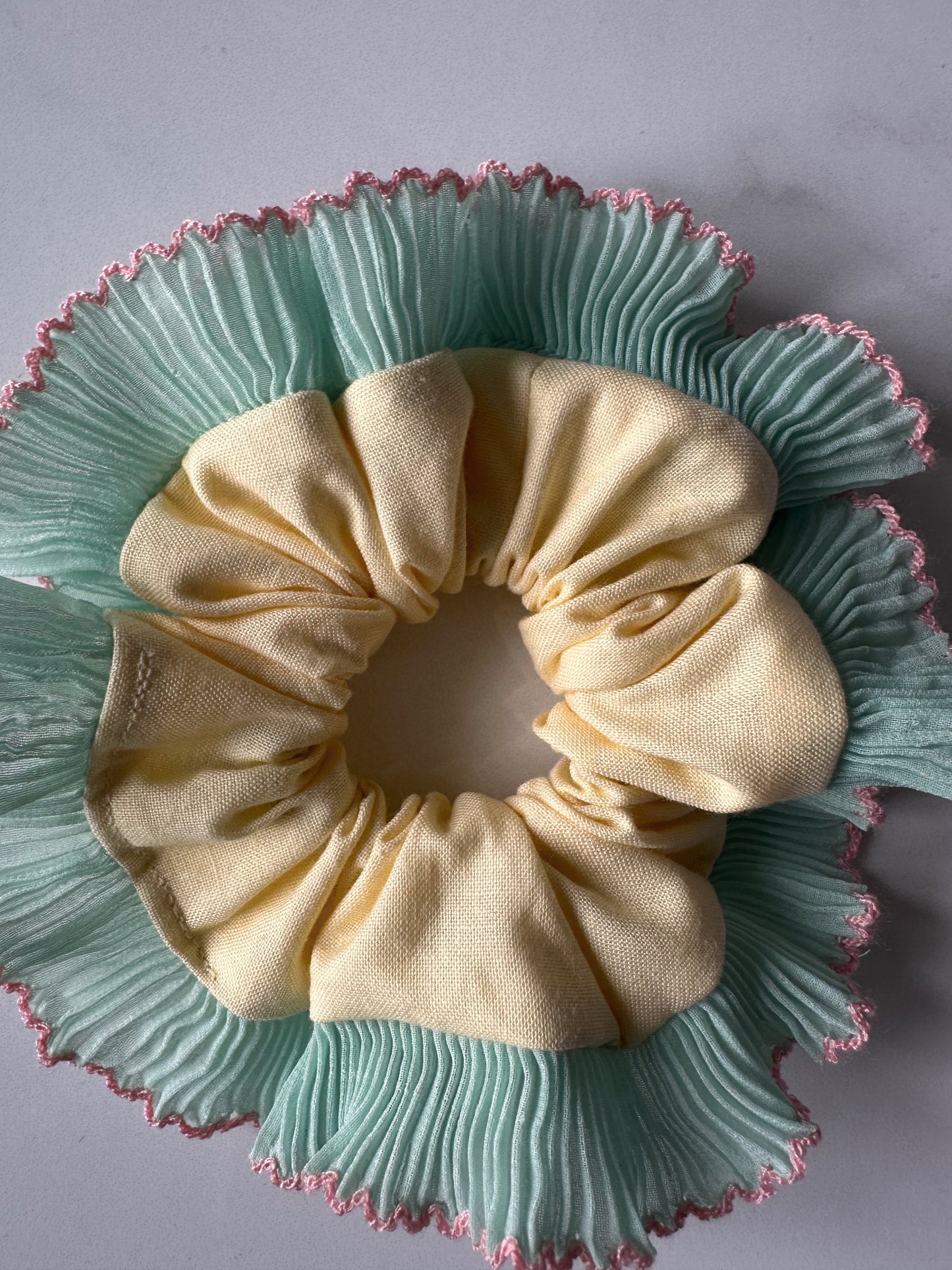 Mini Oversized Butter Yellow Scrunchie with Green Frill Trim