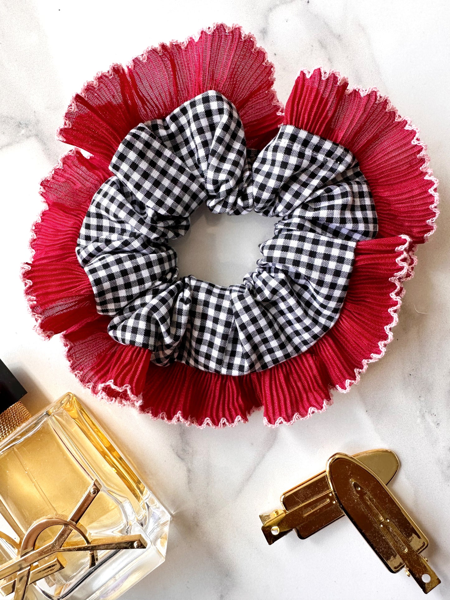 Handmade XL Black Gingham Scrunchie with Red and Pink Frill Trim