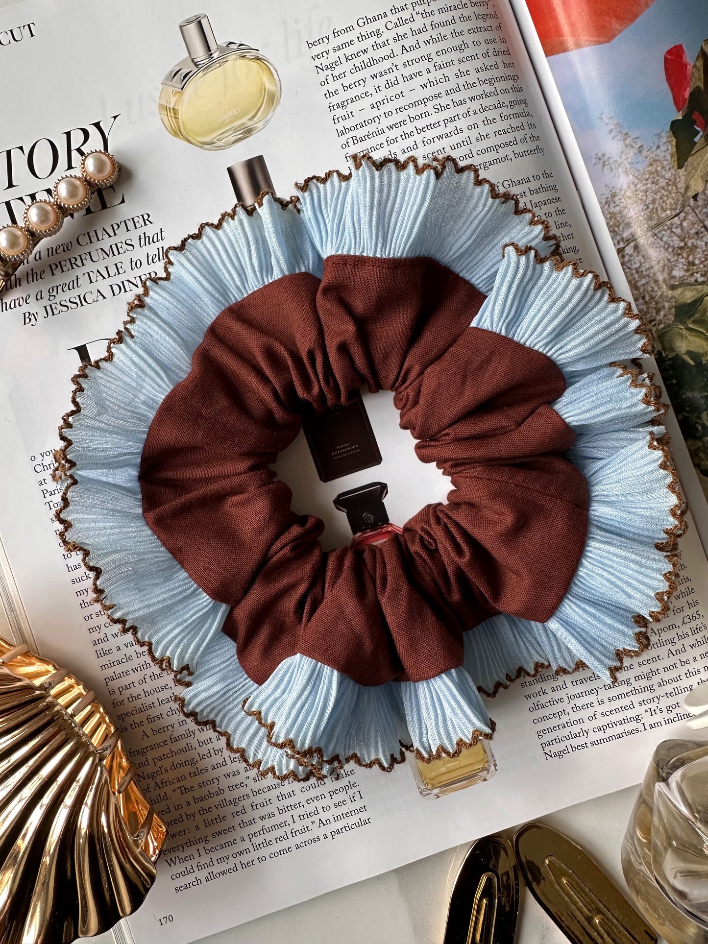 XL Chocolate Brown Scrunchie with Baby Blue Frill Trim