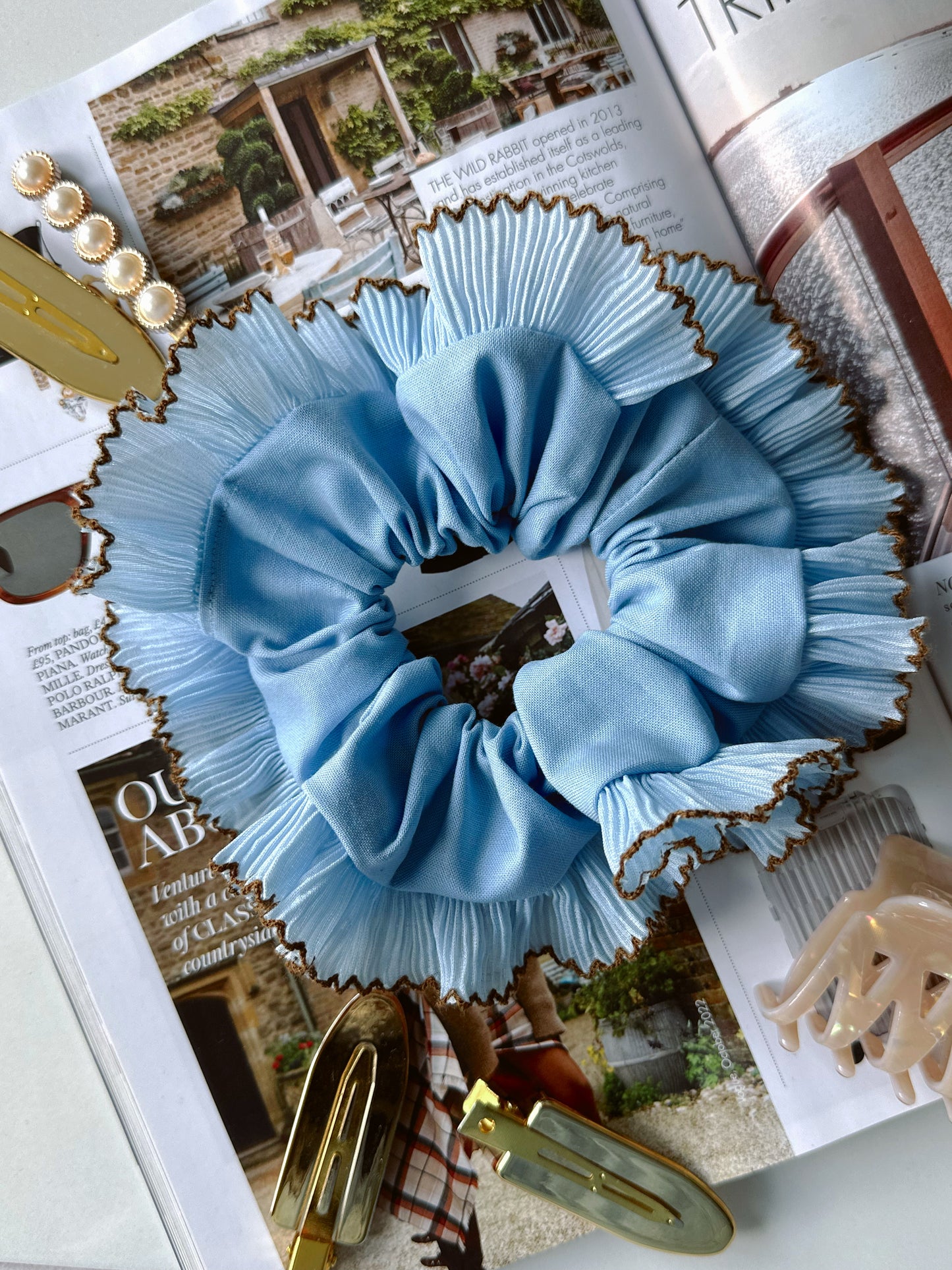 Handmade XL Light Blue Ruffle Scrunchie with Brown Trim