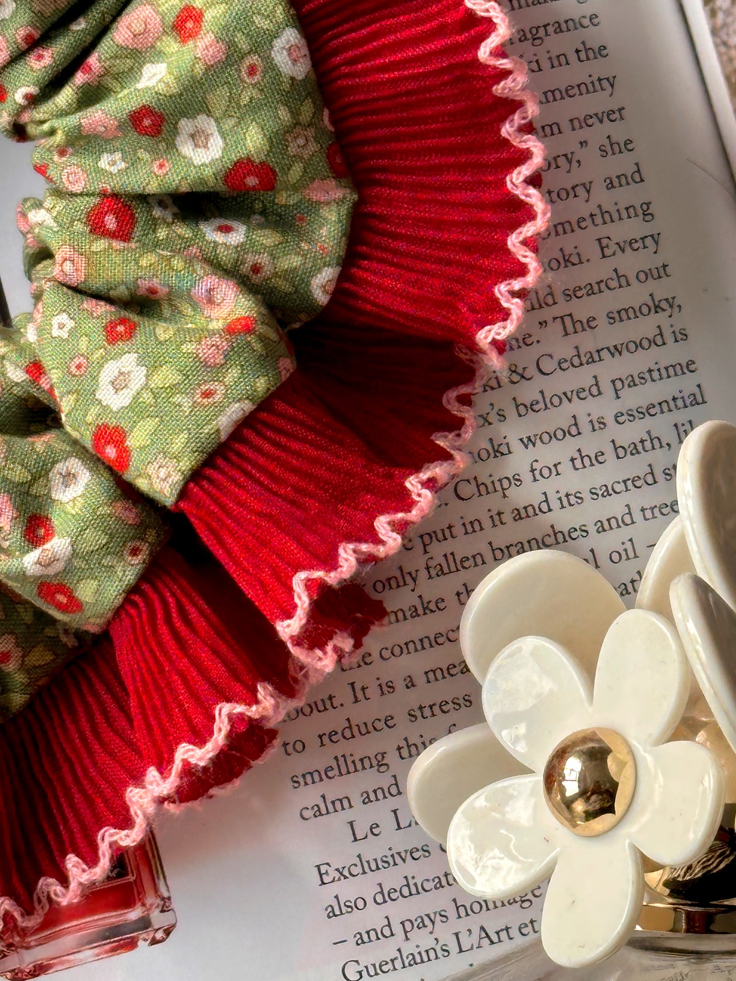 Handmade XL Dark Green Ditsy Floral Scrunchie with Red Frill Trim