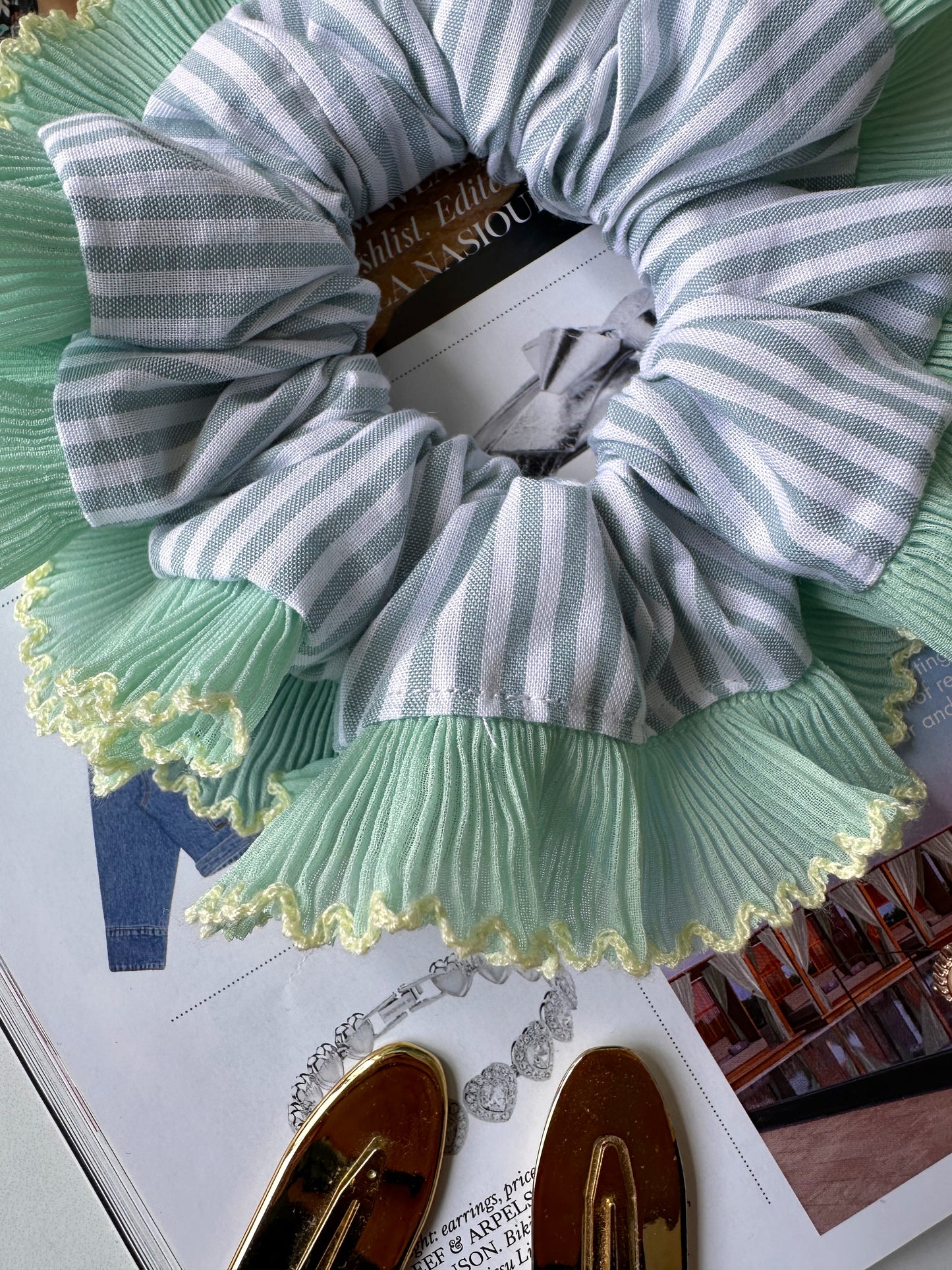 Blue Striped Scrunchie with Green and White Frill Trim