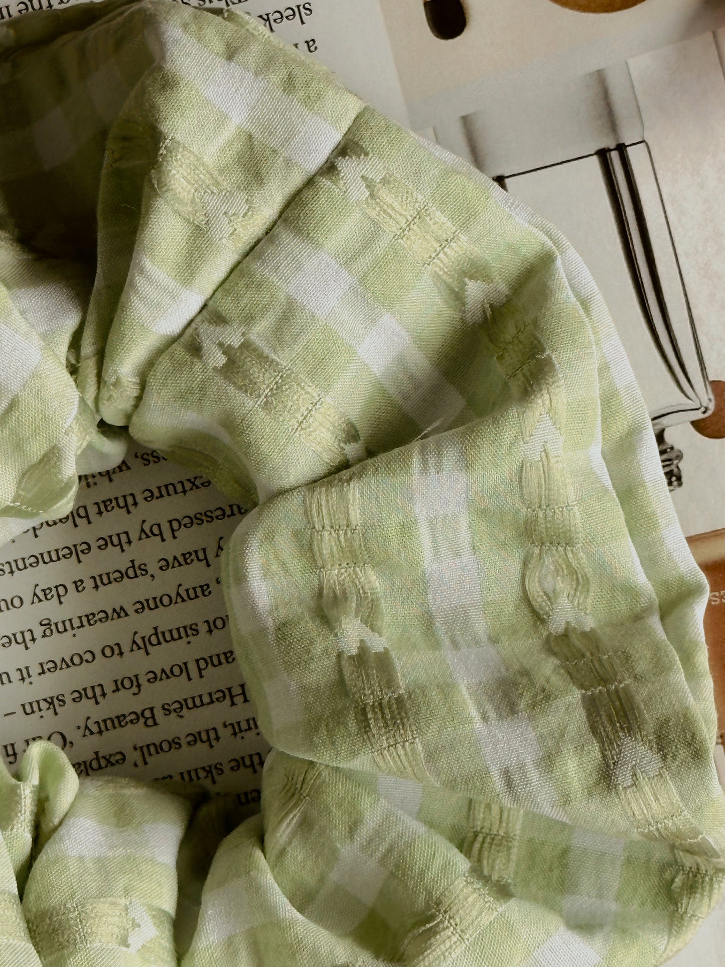 Valentines Pale Green Gingham and Heart Print Scrunchie
