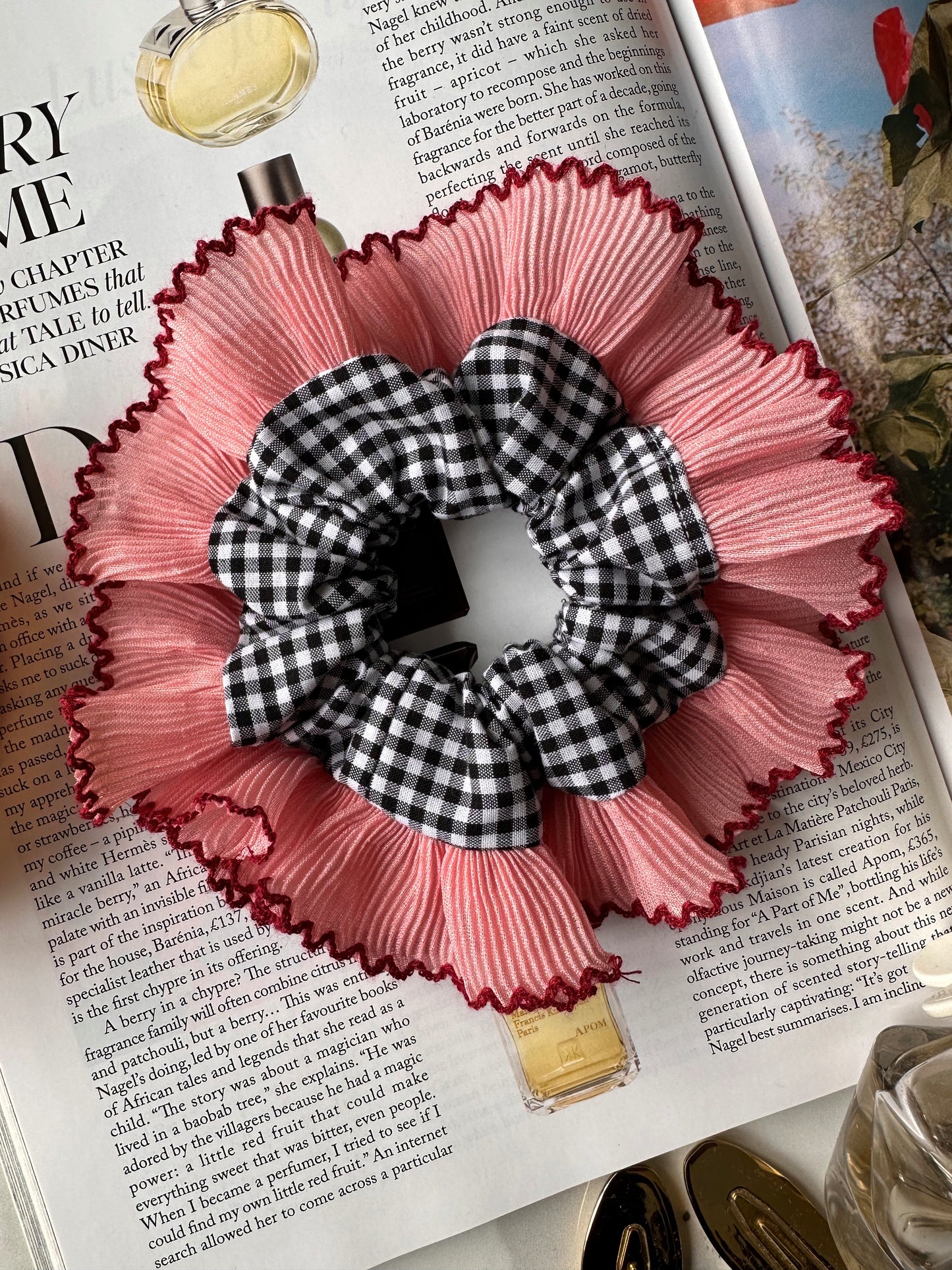 Mini Oversized Black Gingham Scrunchie with Pink Frill Trim