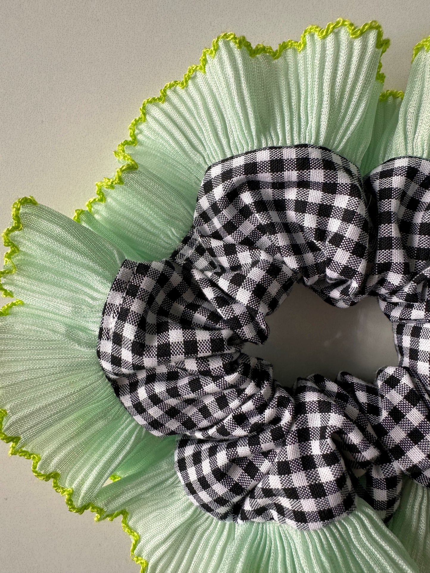 Mini Oversized Black Gingham Scrunchie with Green Frill Trim