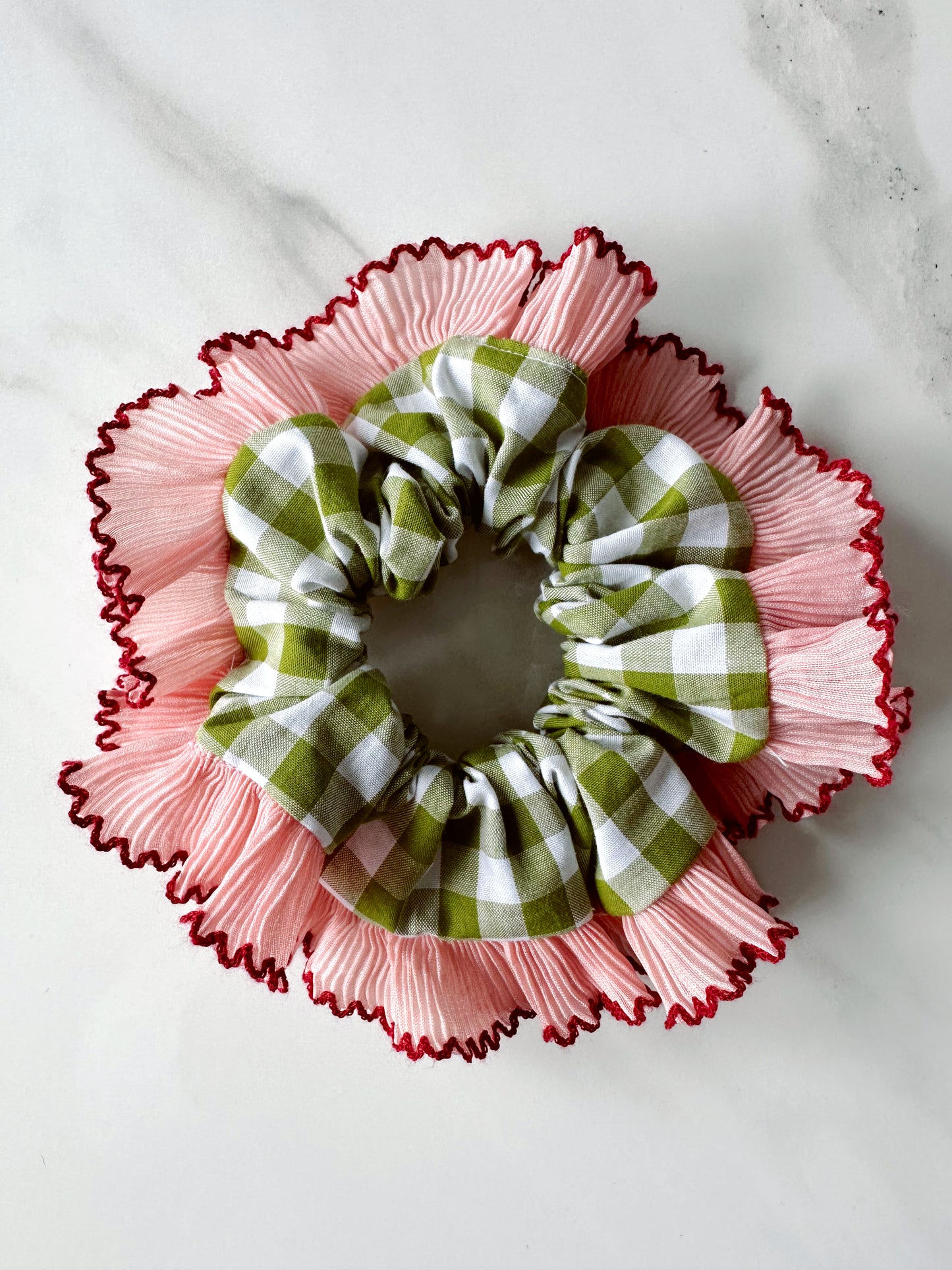 Handmade XL Olive Green Gingham Scrunchie with Pink Frill Trim