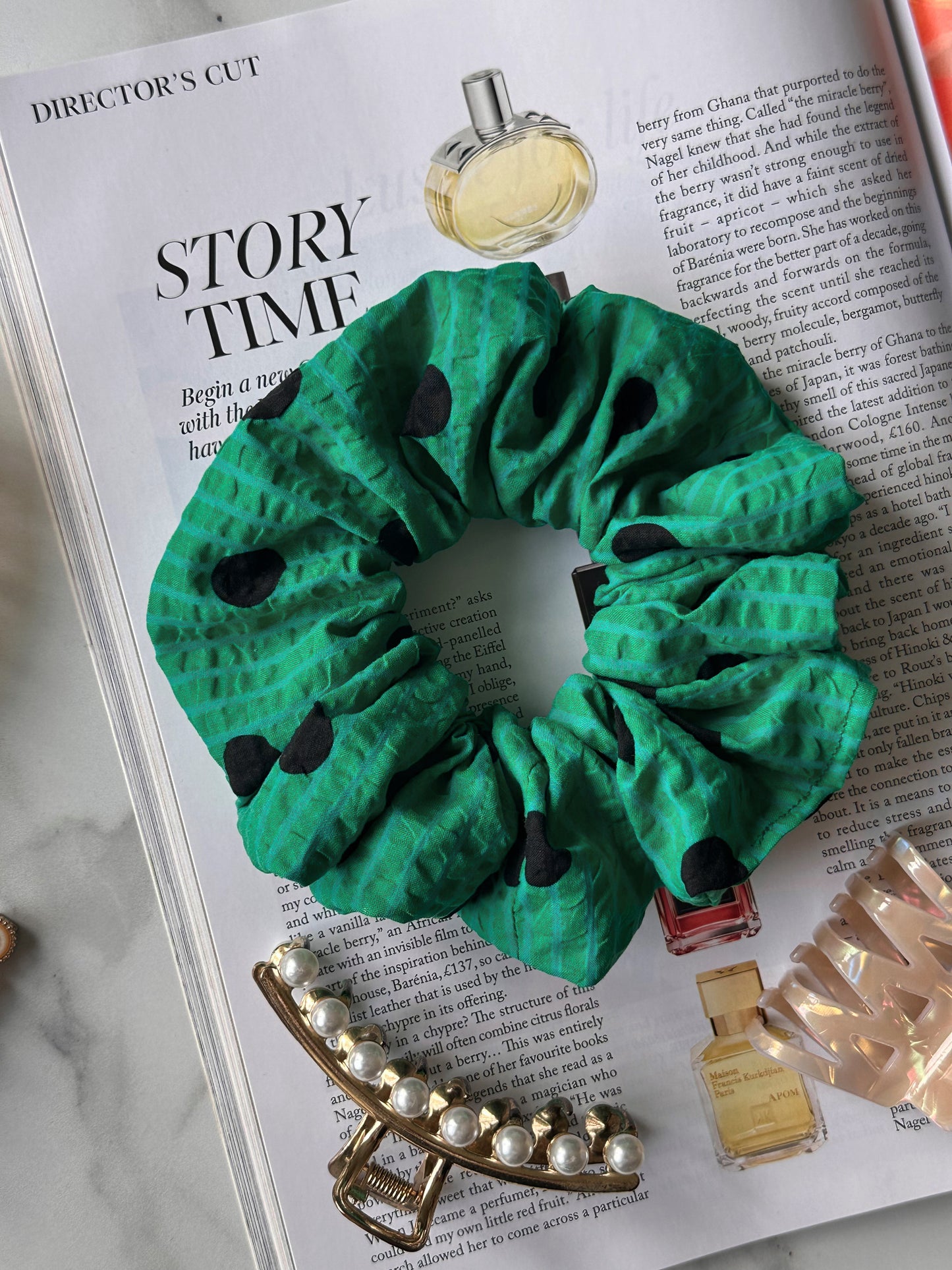 XL Green and Black Polkadot and Striped Scrunchie
