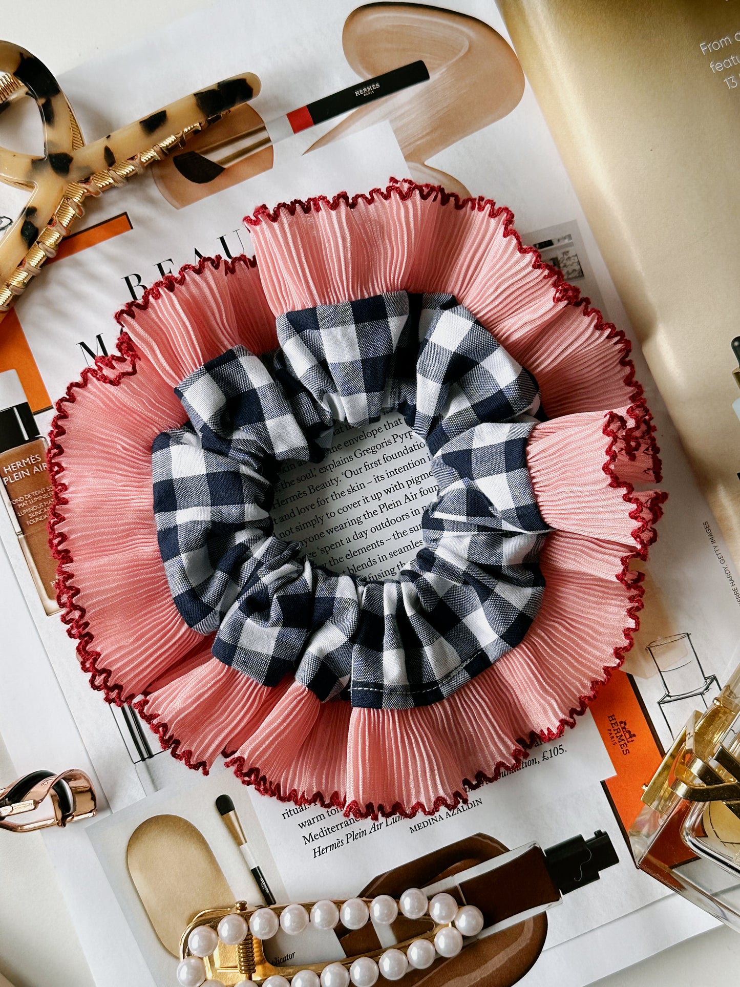 Handmade XL Navy Blue Gingham Scrunchie with Pink Frill Trim