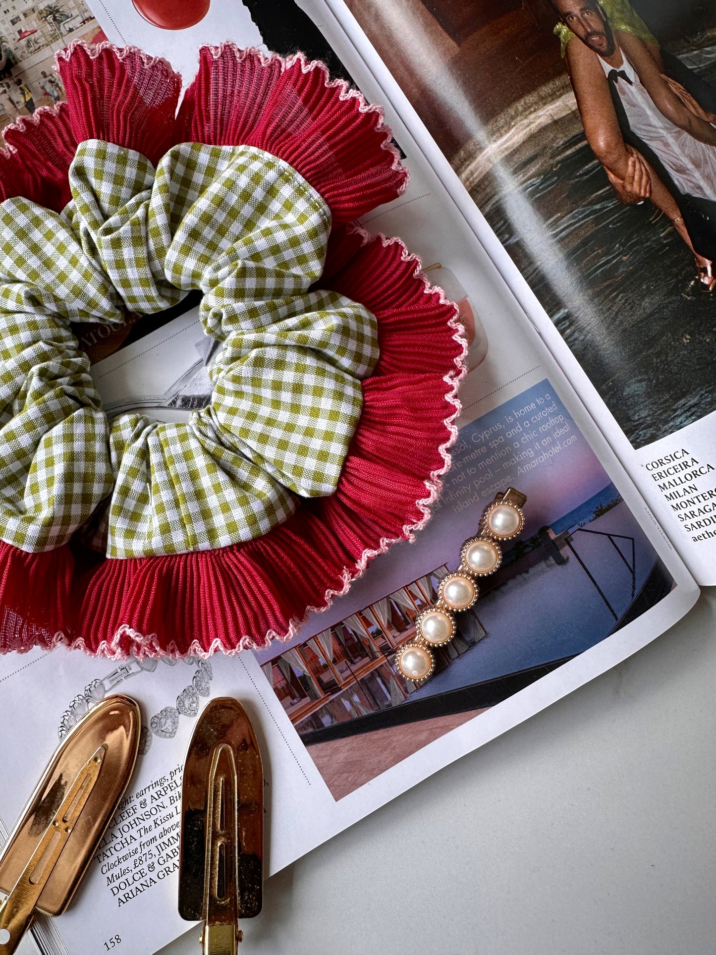 Olive Green Gingham Scrunchie with Red and White Frill Trim