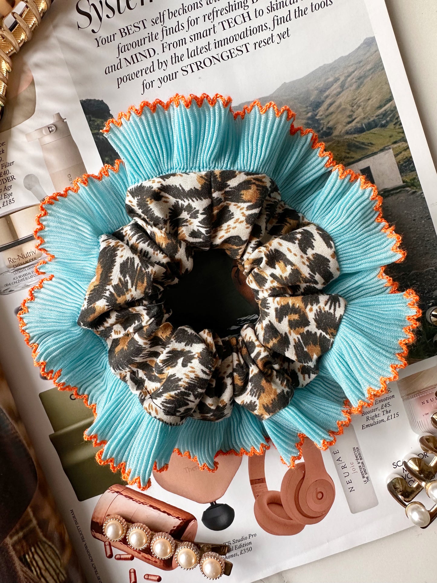 Mini Oversized Leopard Print Scrunchie with a Blue Frill Trim